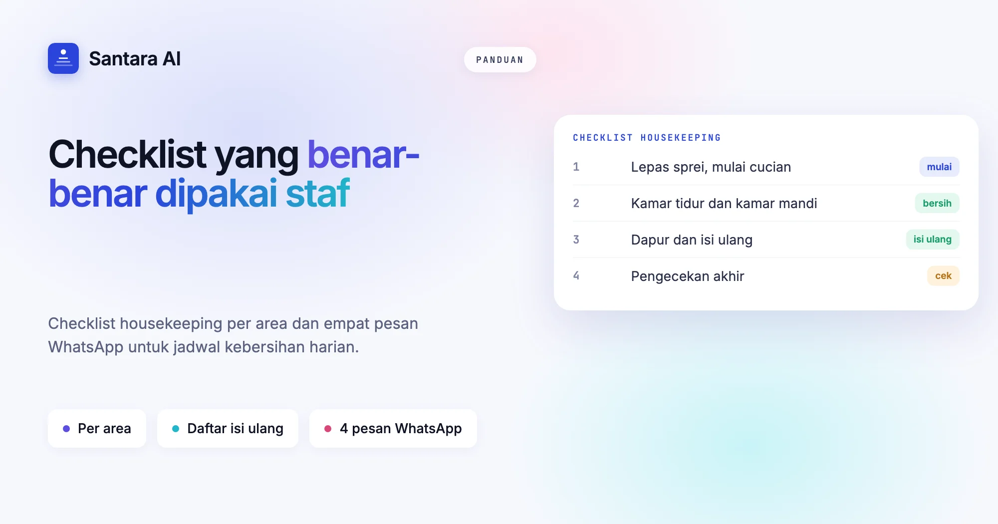 Sampul checklist housekeeping villa dengan bagian mulai, kamar tidur, kamar mandi, dapur, dan pengecekan akhir