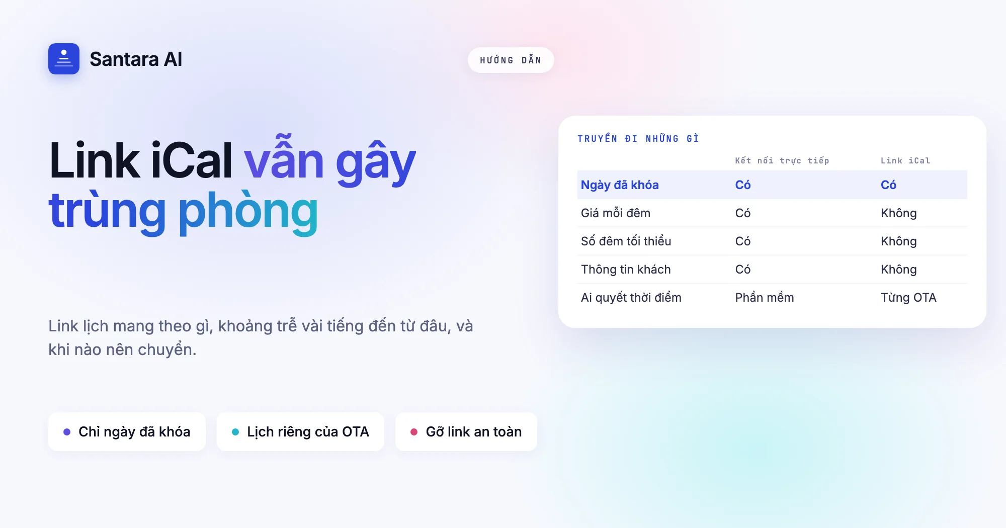 So sánh link iCal và kết nối kênh trực tiếp về giá, số đêm tối thiểu và thông tin khách