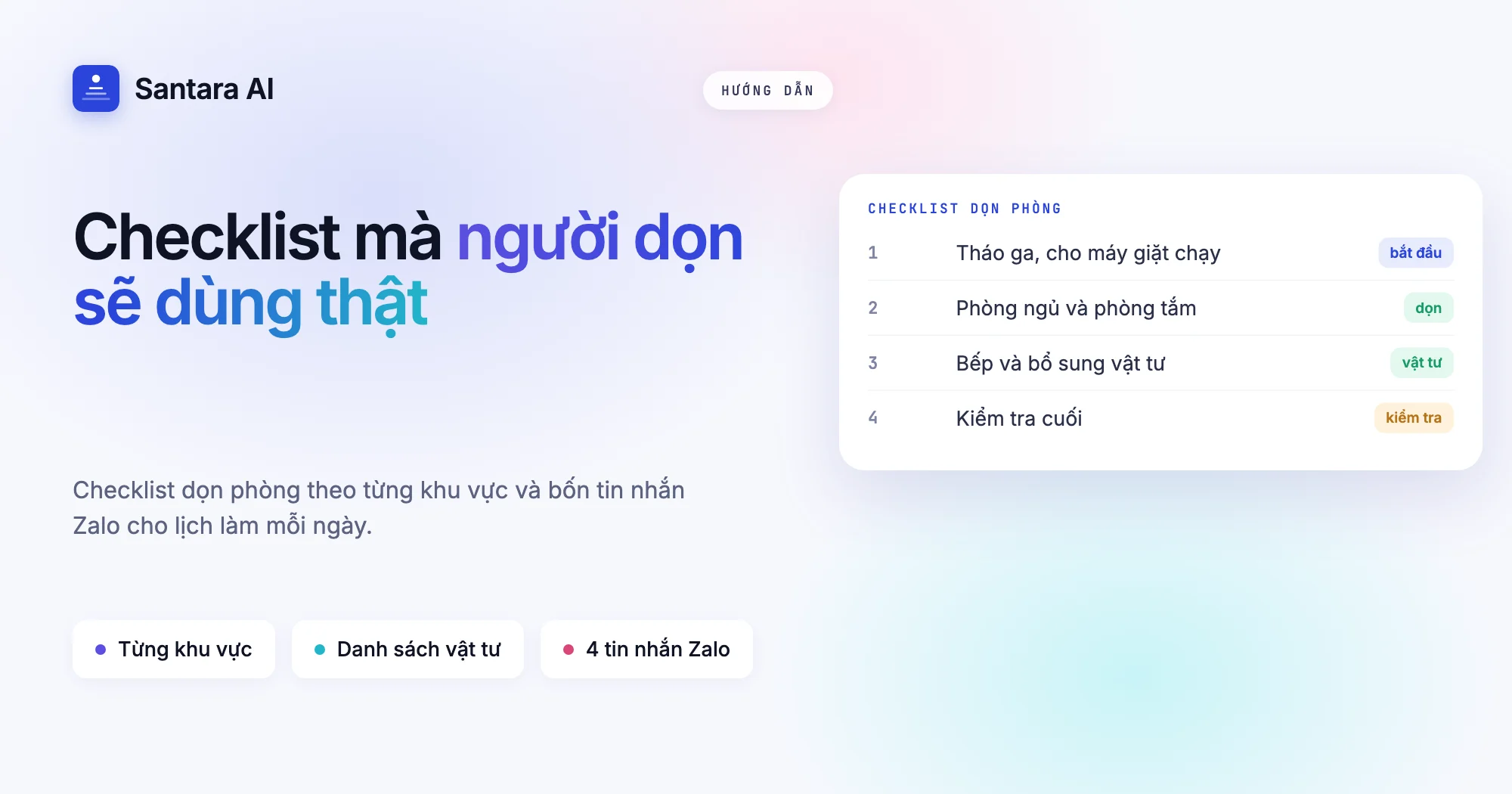 Ảnh bìa checklist dọn phòng với các phần bắt đầu, phòng ngủ, phòng tắm, bếp và kiểm tra cuối