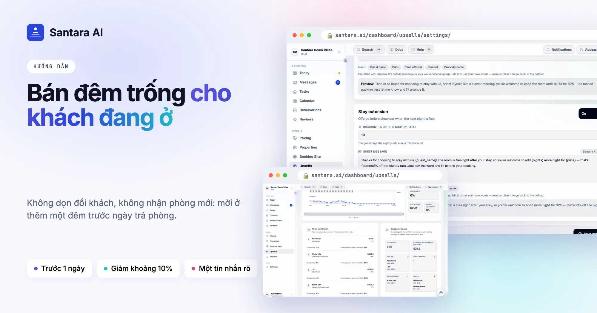 Cài đặt ở thêm đêm trong Santara AI Upsells với mức giảm 10%, tin nhắn cho khách và bản xem trước