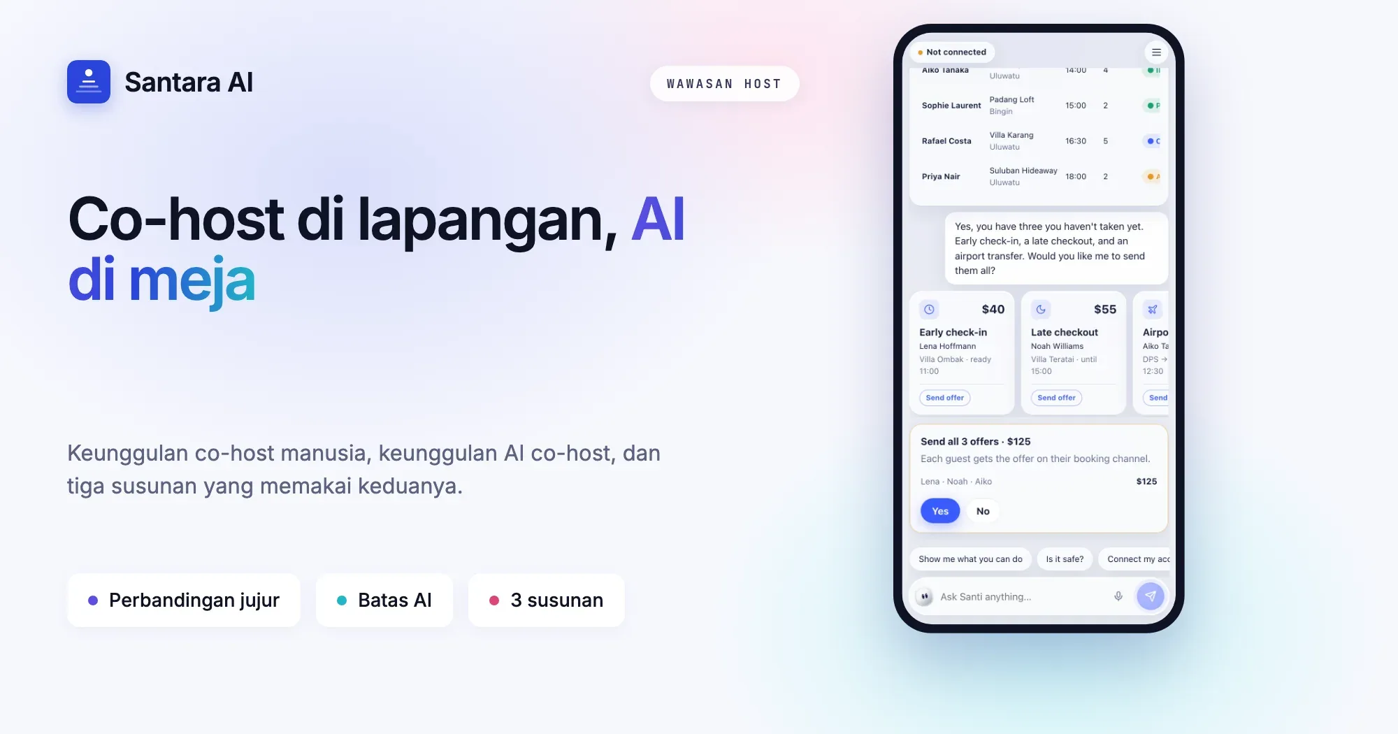 Sampul: AI co-host vs co-host manusia, co-host lokal mengurus vila sementara AI co-host mengurus pesan dan kalender