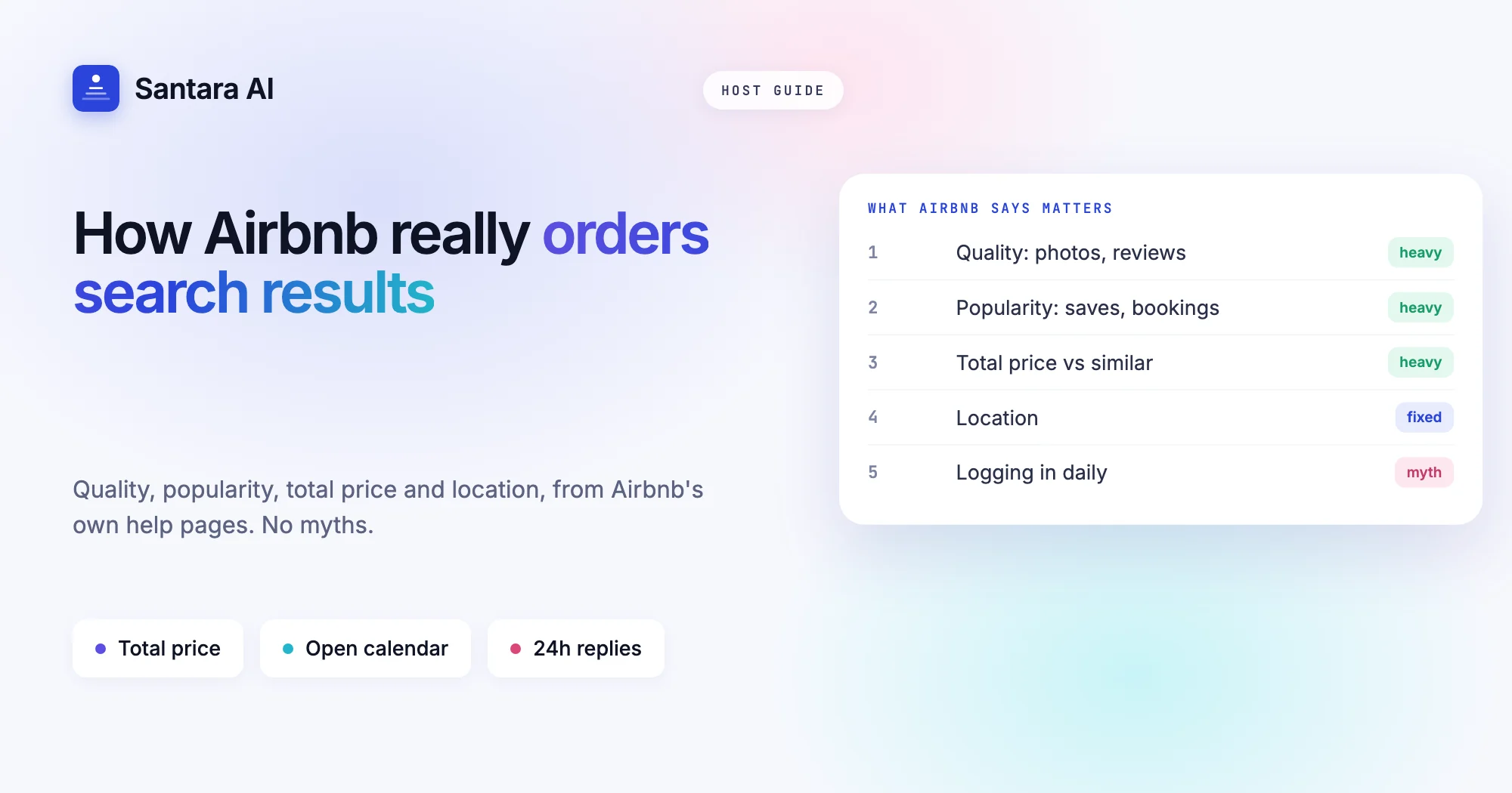 Cover listing the ranking factors Airbnb names, with daily logins marked as a myth