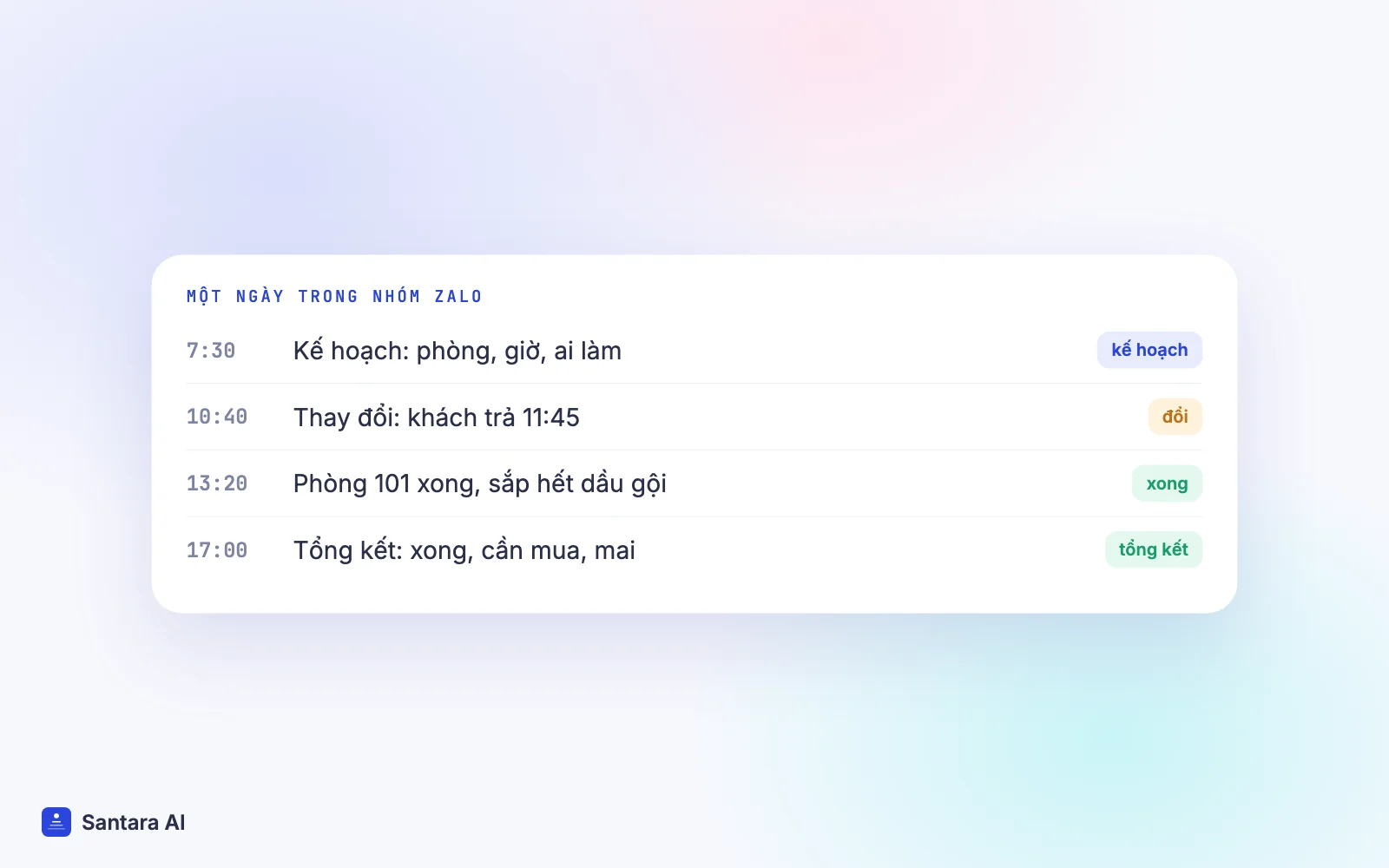 Một ngày tin nhắn dọn phòng trong nhóm Zalo: kế hoạch sáng, báo thay đổi, báo phòng xong, tổng kết cuối ngày
