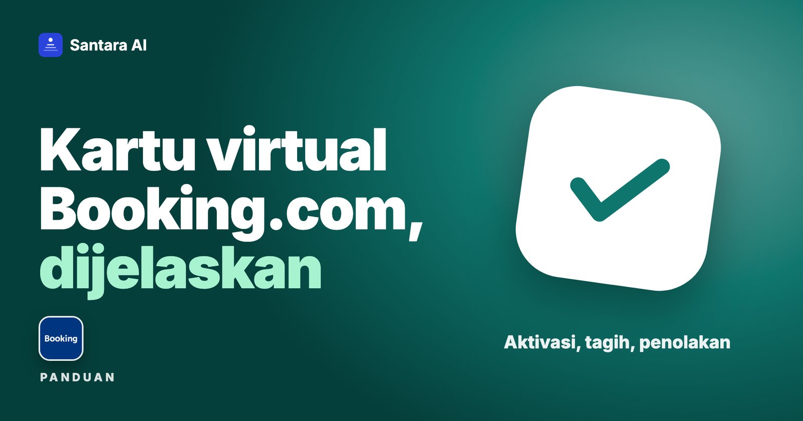Kartu tanda centang putih di latar hijau toska dengan logo Booking.com