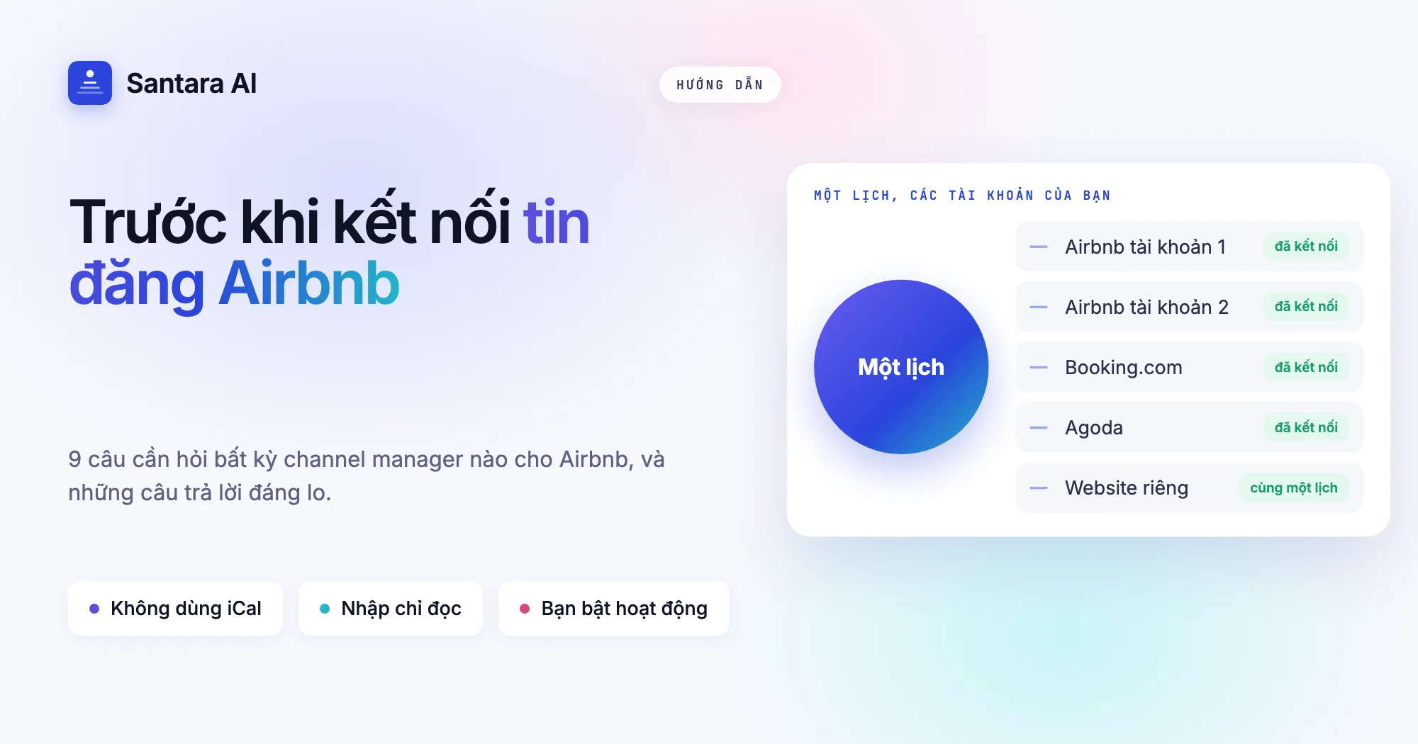 Sơ đồ một lịch kết nối với hai tài khoản Airbnb, Booking.com, Agoda và website đặt phòng riêng