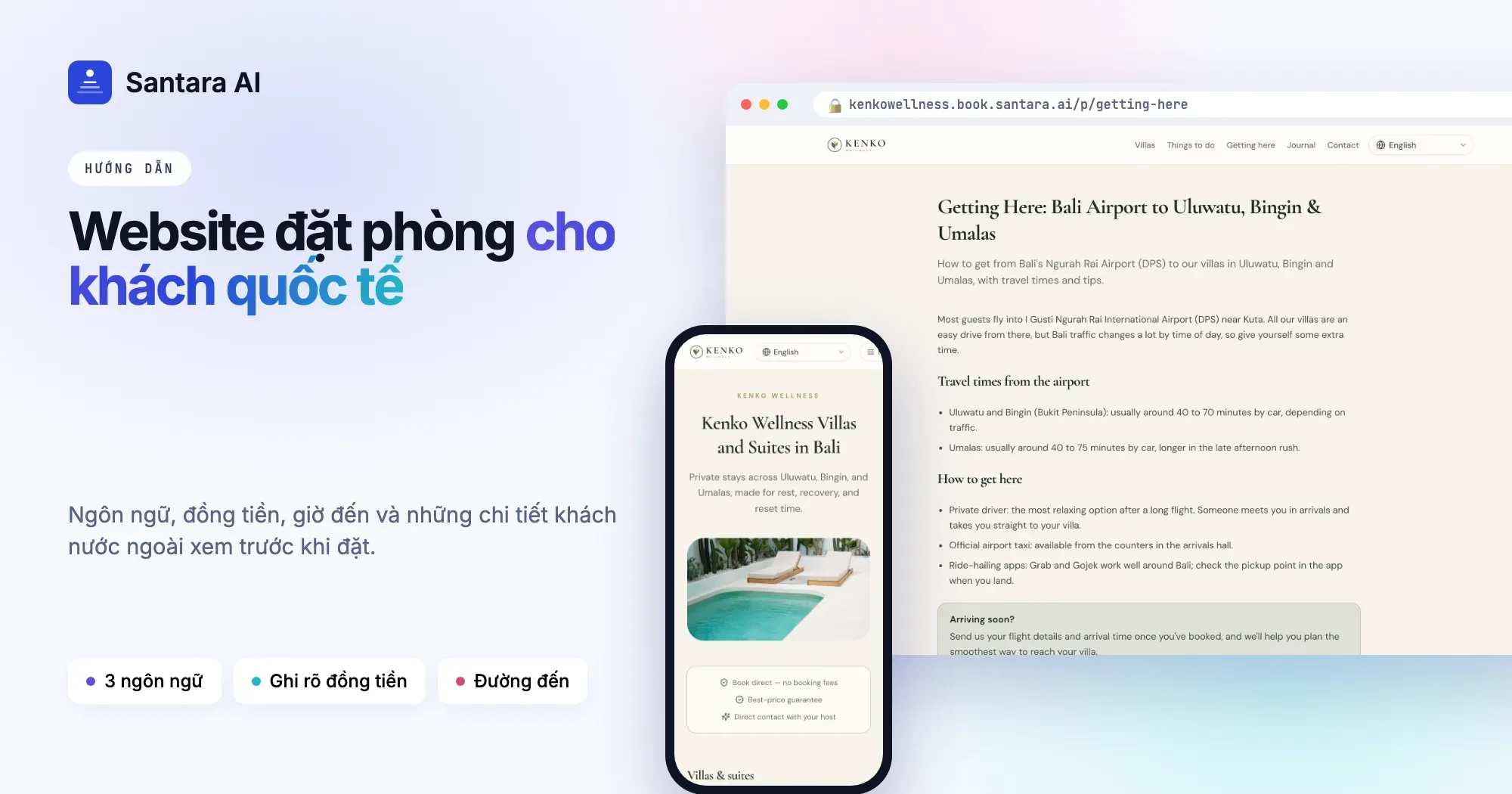 Website đặt phòng trên hai điện thoại, hiện trang chủ và trang villa có giá và lịch