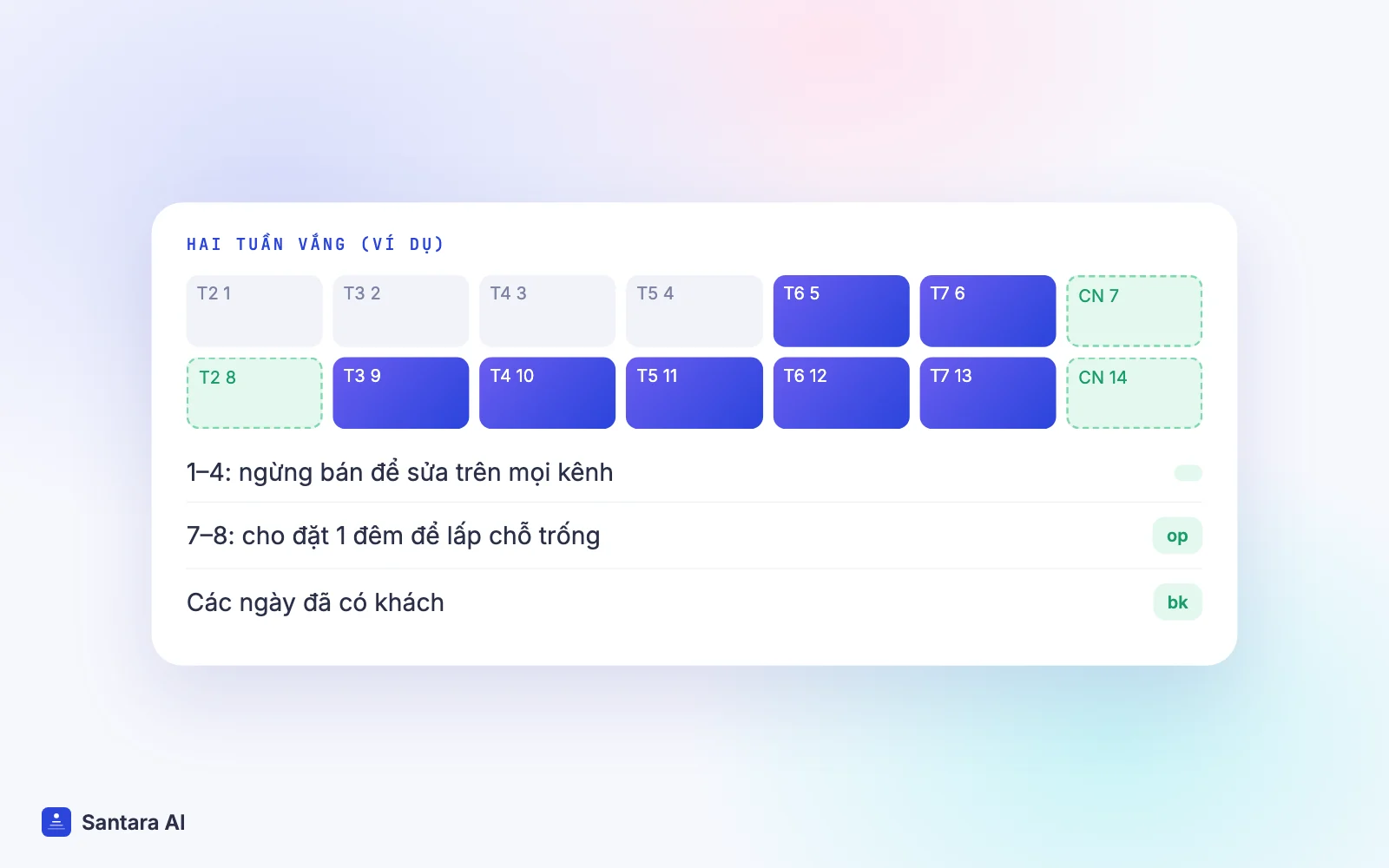 Lịch hai tuần có đợt ngừng bán để sửa chữa, đêm lẻ mở một đêm và các ngày đã có khách