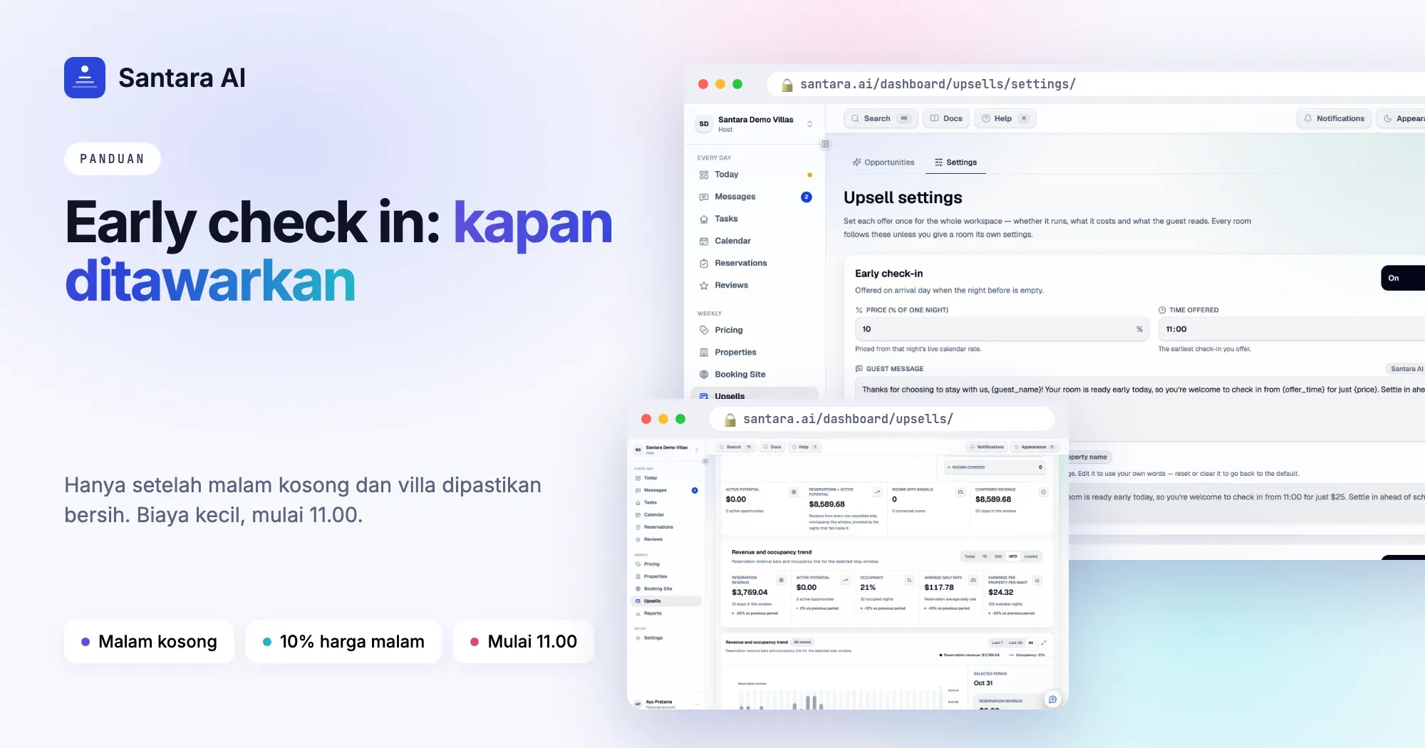 Panduan early check in: check in pukul 11.00 sebagai persentase harga malam sebelumnya, dengan titip koper gratis