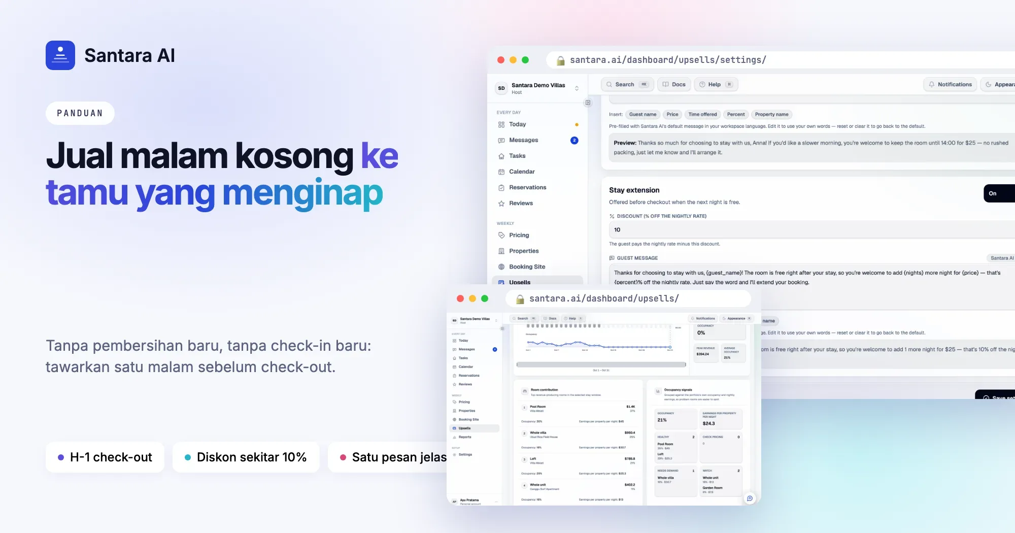 Pengaturan perpanjangan menginap di Santara AI Upsells dengan diskon 10%, pesan tamu dan pratinjau langsung