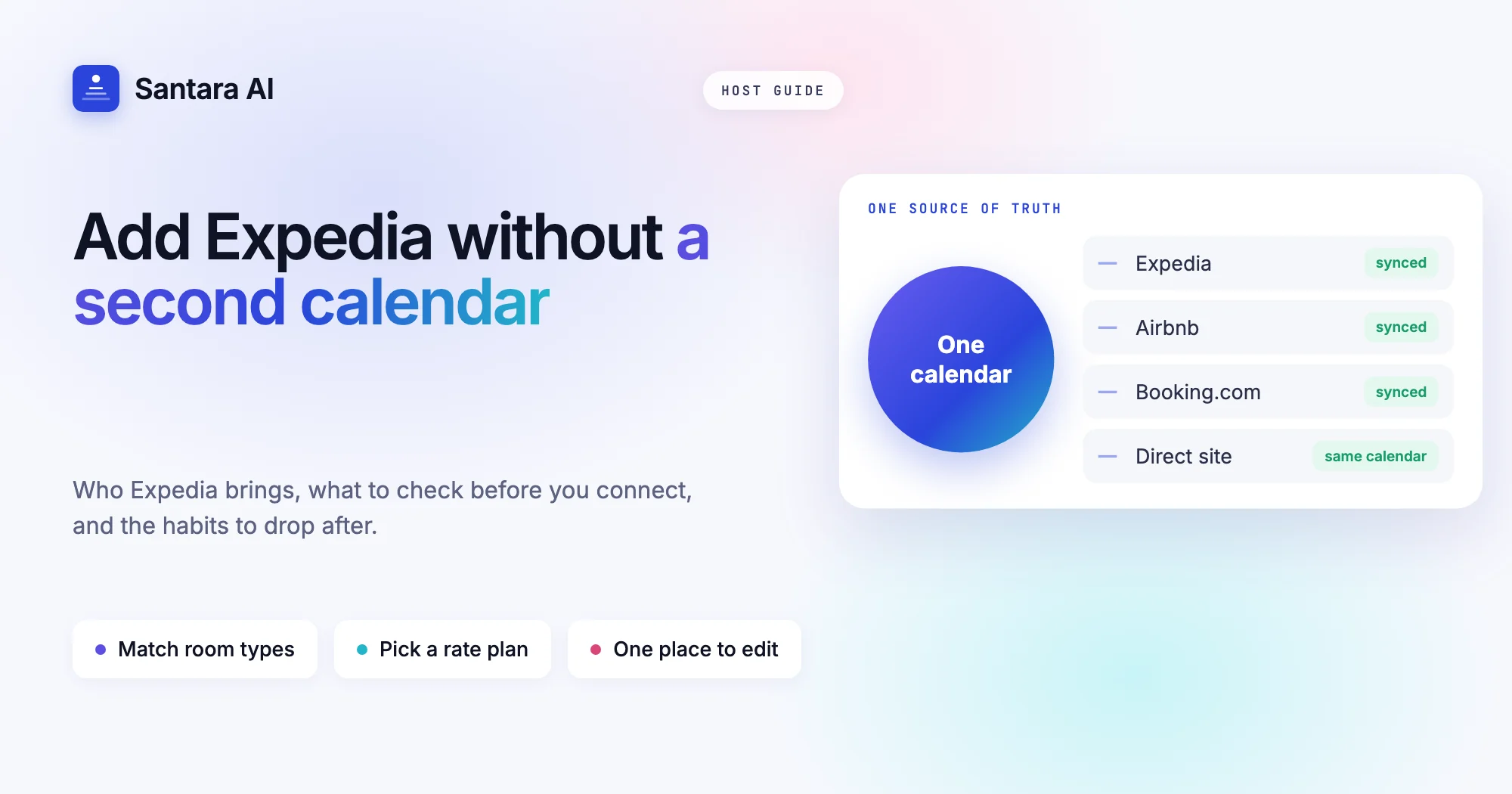 Cover reading Add Expedia without a second calendar, with Expedia fed from one calendar alongside Airbnb and Booking.com