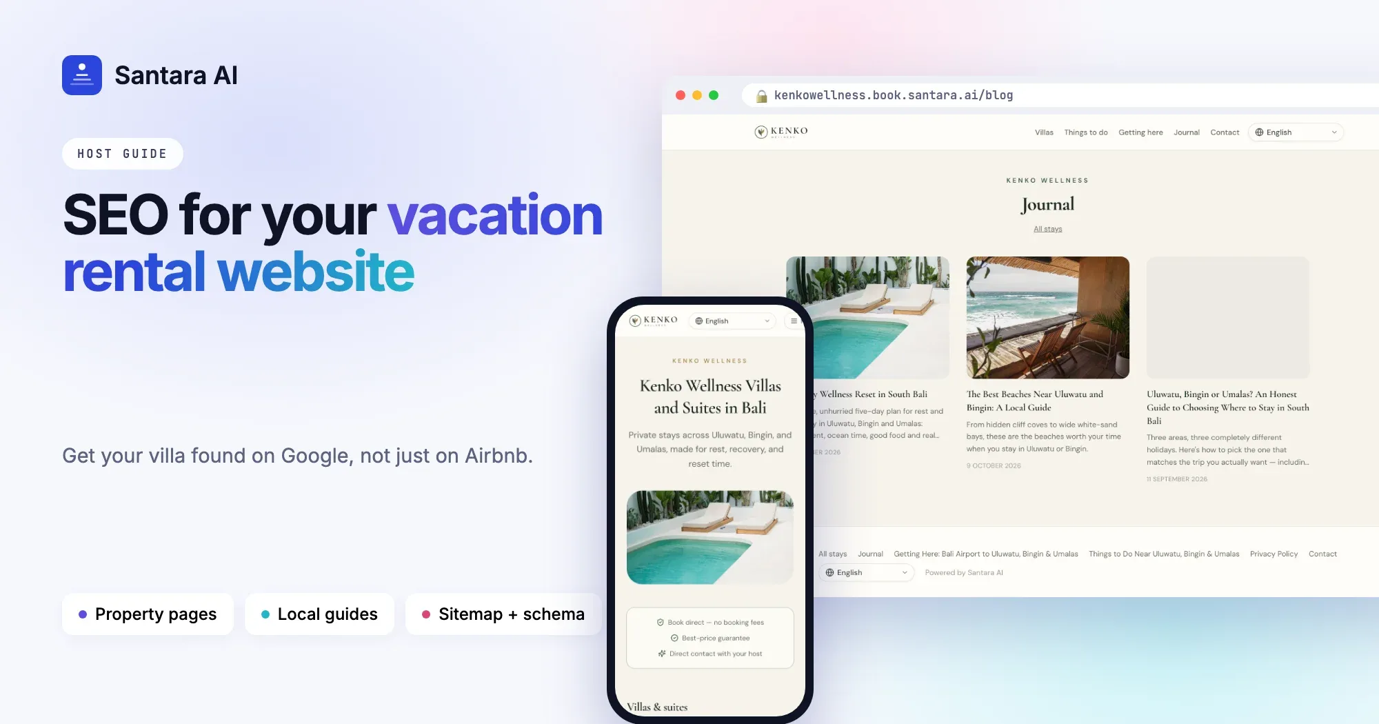 Cover: SEO for vacation rental websites, showing a direct booking site journal page on desktop and phone