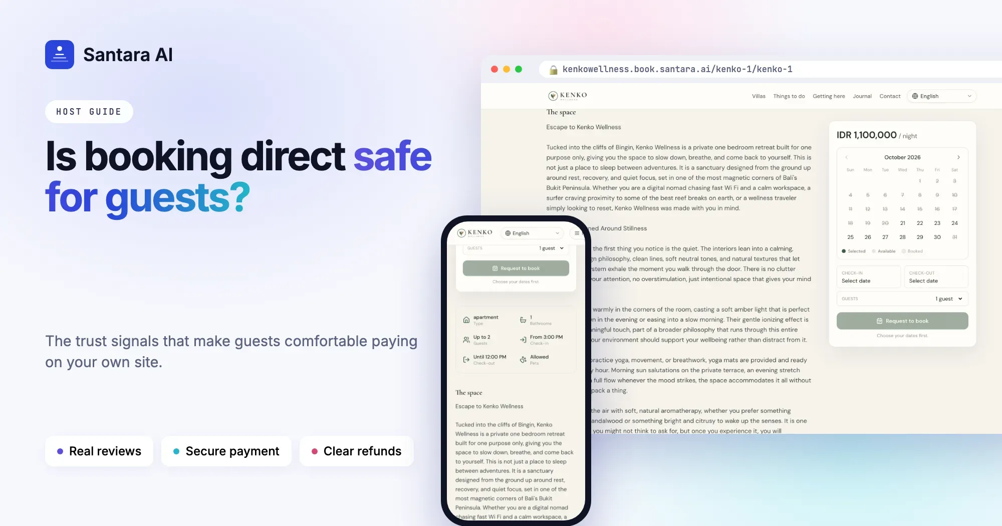 Villa page on a phone with rating, price, calendar and house rules on a direct booking site