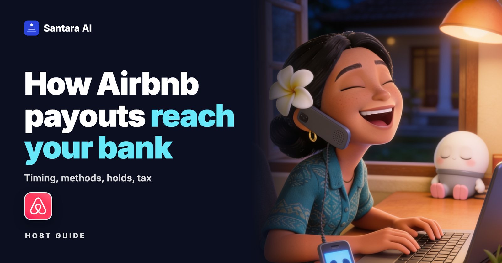 Illustrated host grinning on a phone call at her desk at night, with the Airbnb logo