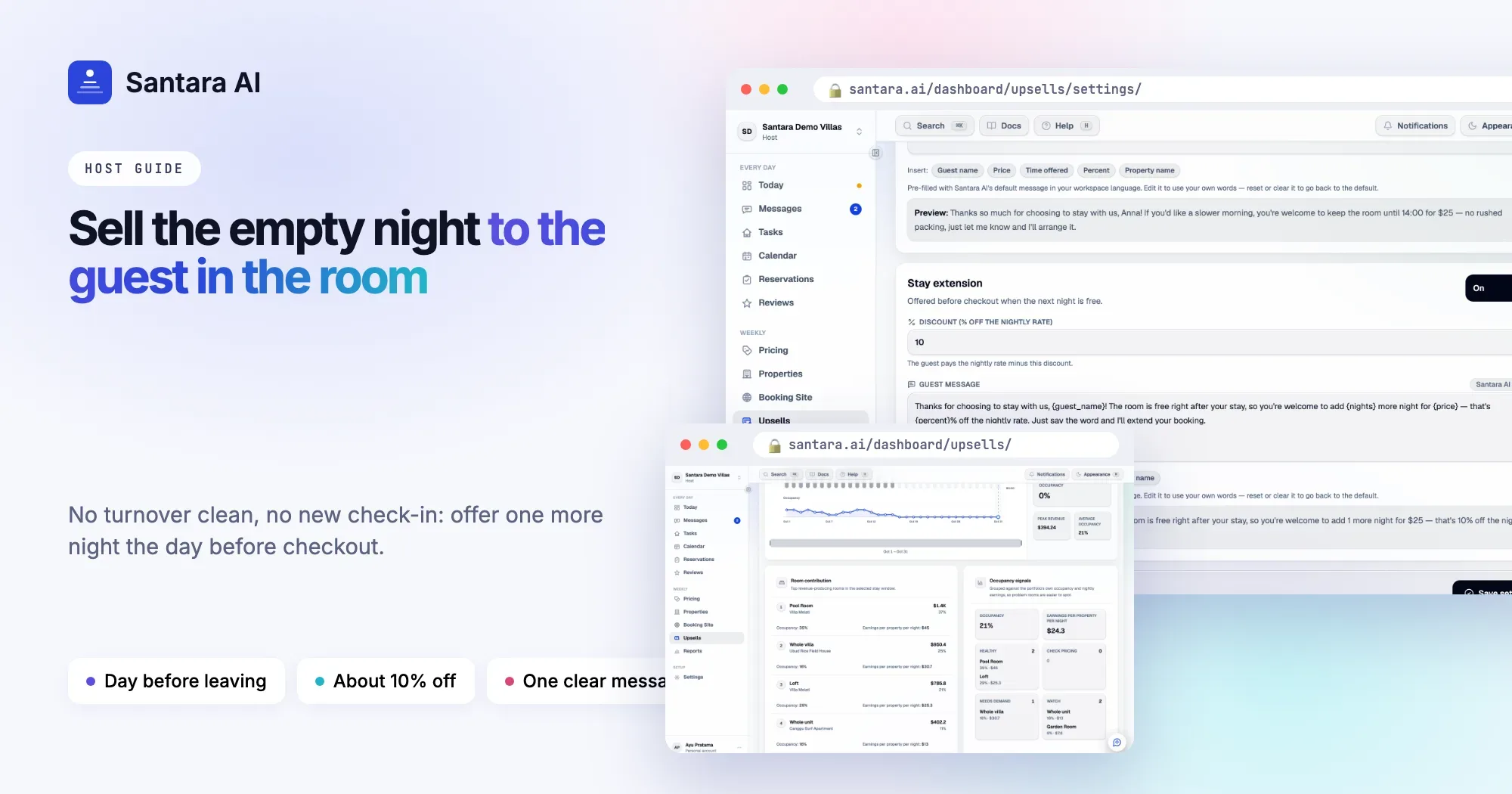 Stay extension settings in Santara AI Upsells with a 10% discount, guest message and live preview