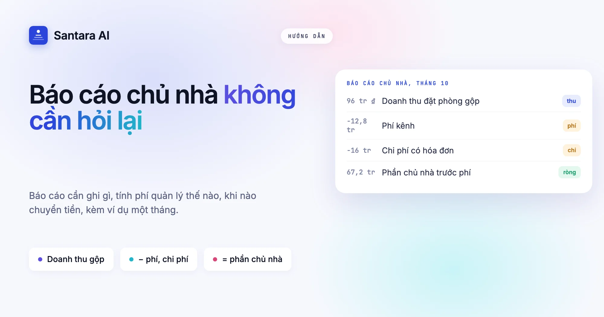 Ảnh bìa báo cáo chủ nhà: doanh thu gộp trừ phí kênh trừ chi phí bằng phần của chủ nhà