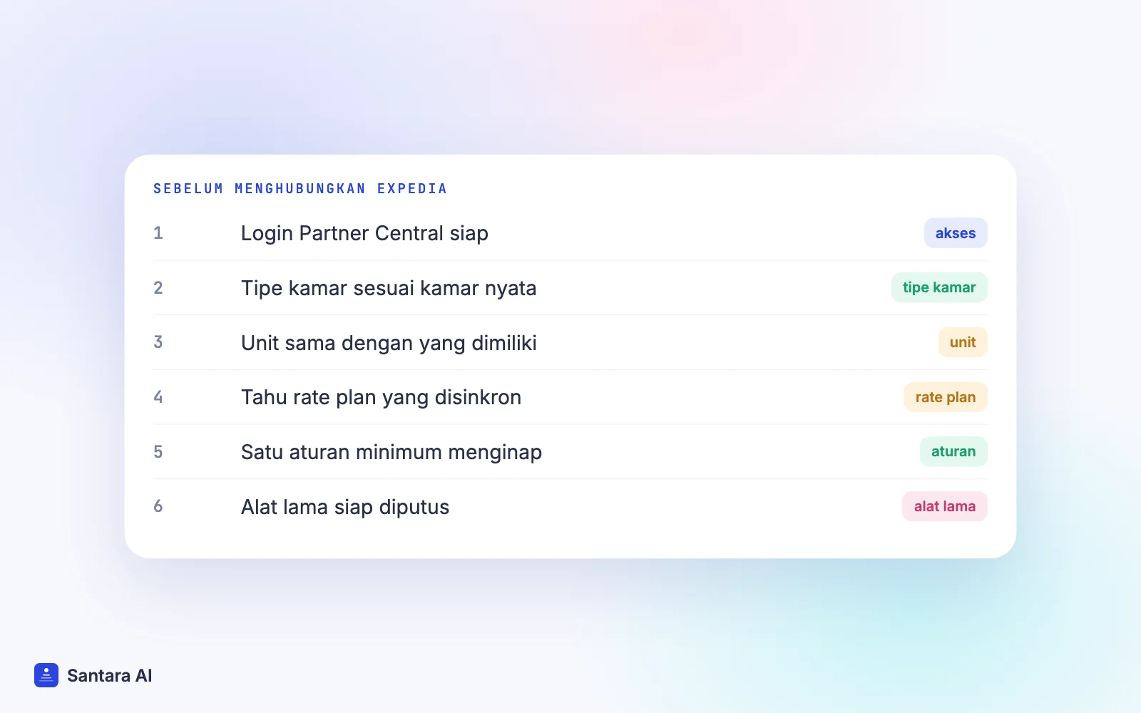 Daftar cek sebelum menghubungkan Expedia: akses, tipe kamar, jumlah unit, rate plan, restriksi, alat lama