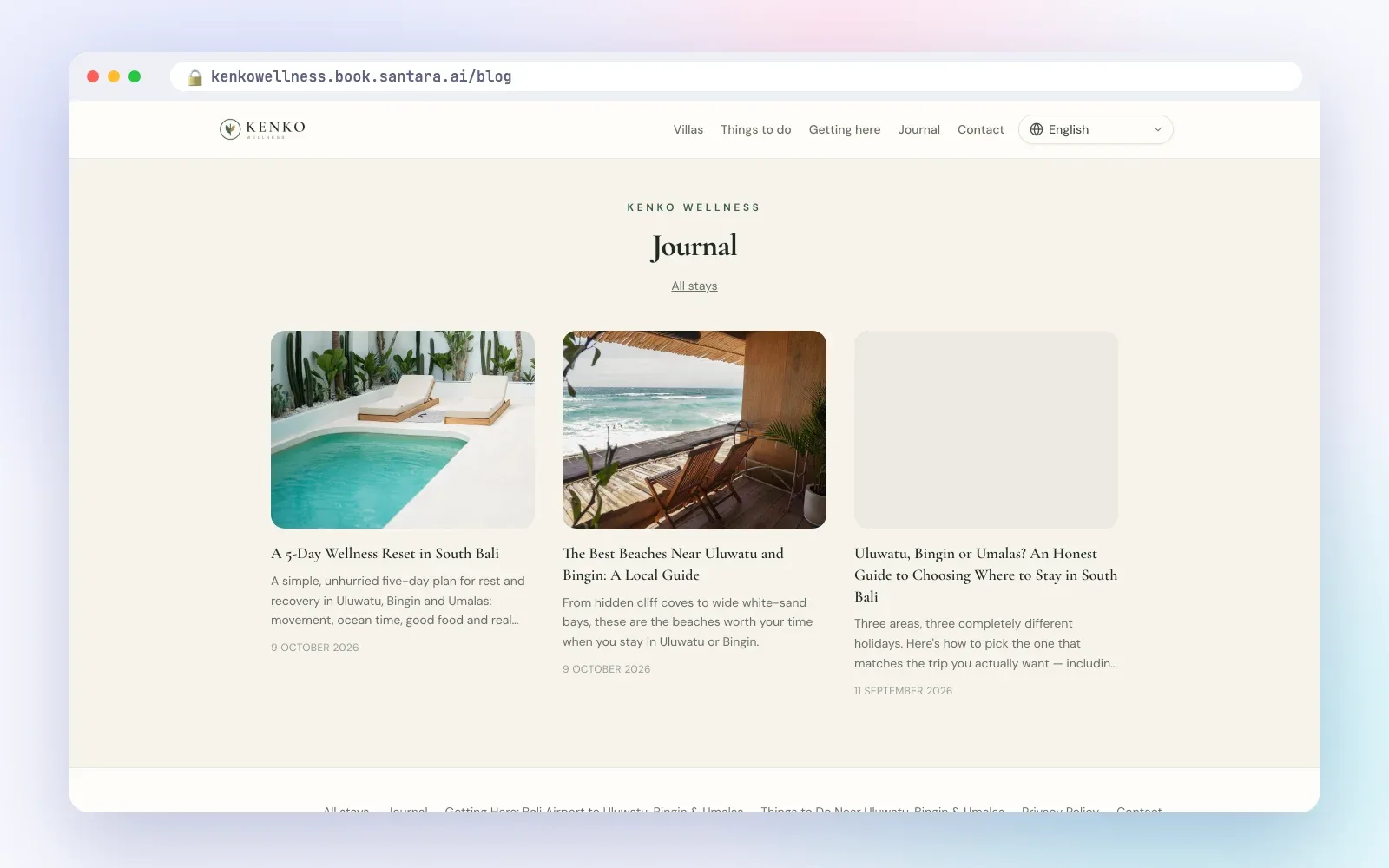Journal page with local guides on a direct booking site built with Santara AI
