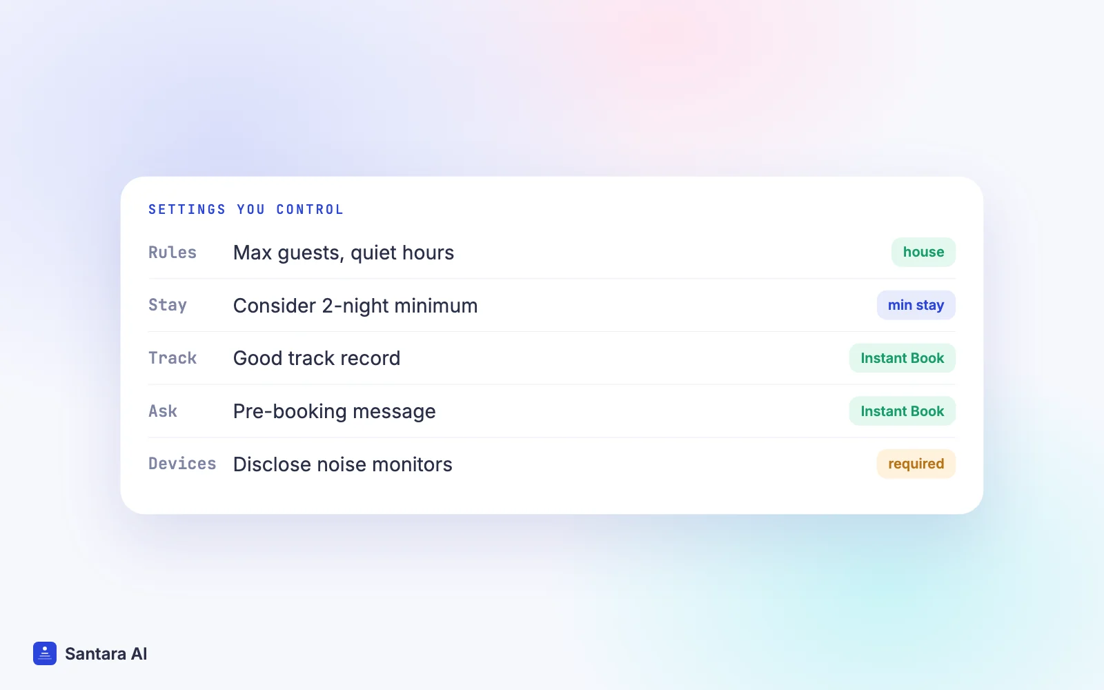 Airbnb settings hosts control for guest screening: house rules, minimum stay, good track record, pre-booking message
