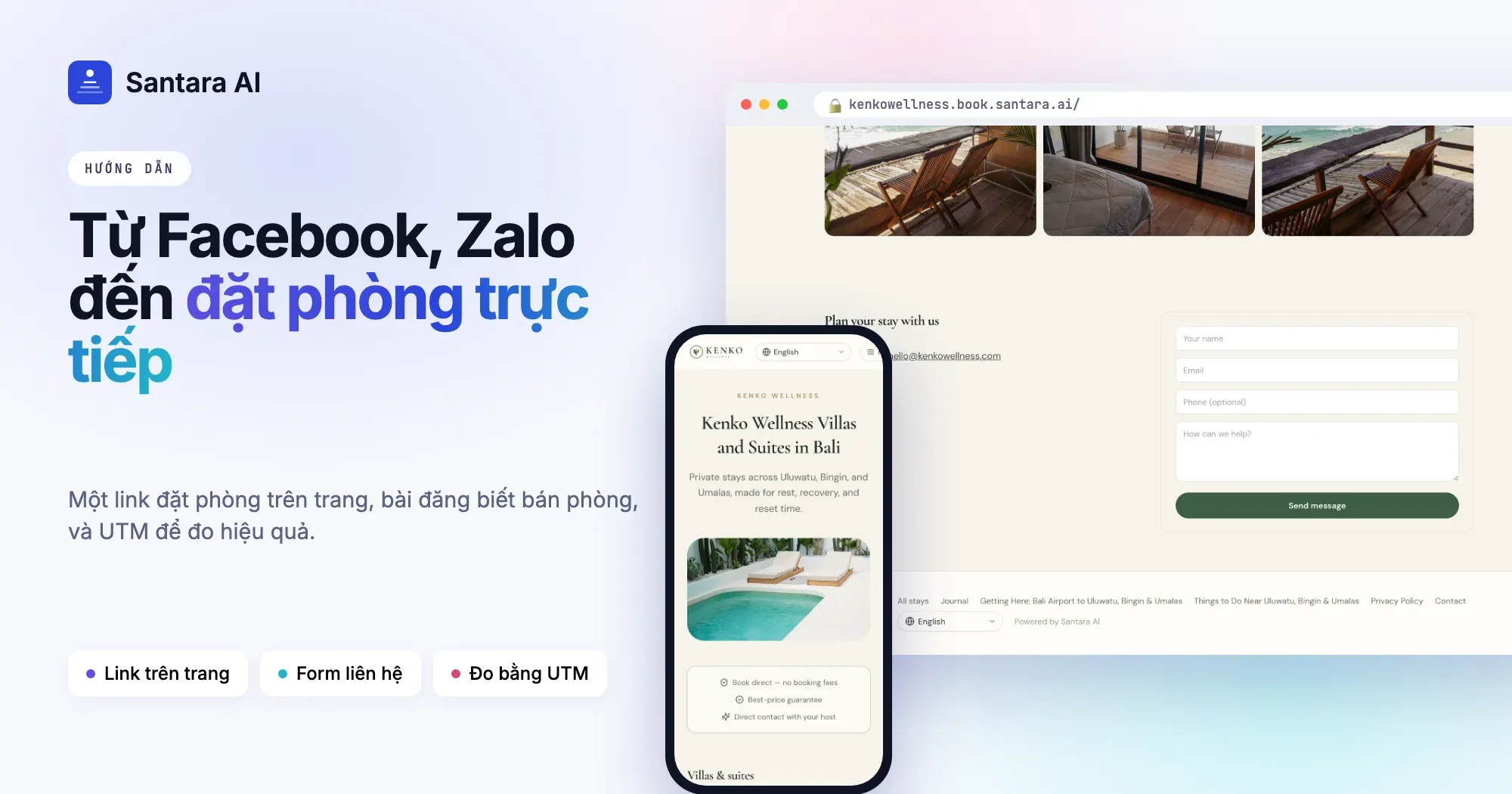 Ảnh bìa: từ Facebook, Zalo đến đặt phòng trực tiếp, hiển thị form liên hệ và trang chủ website đặt phòng trên điện thoại