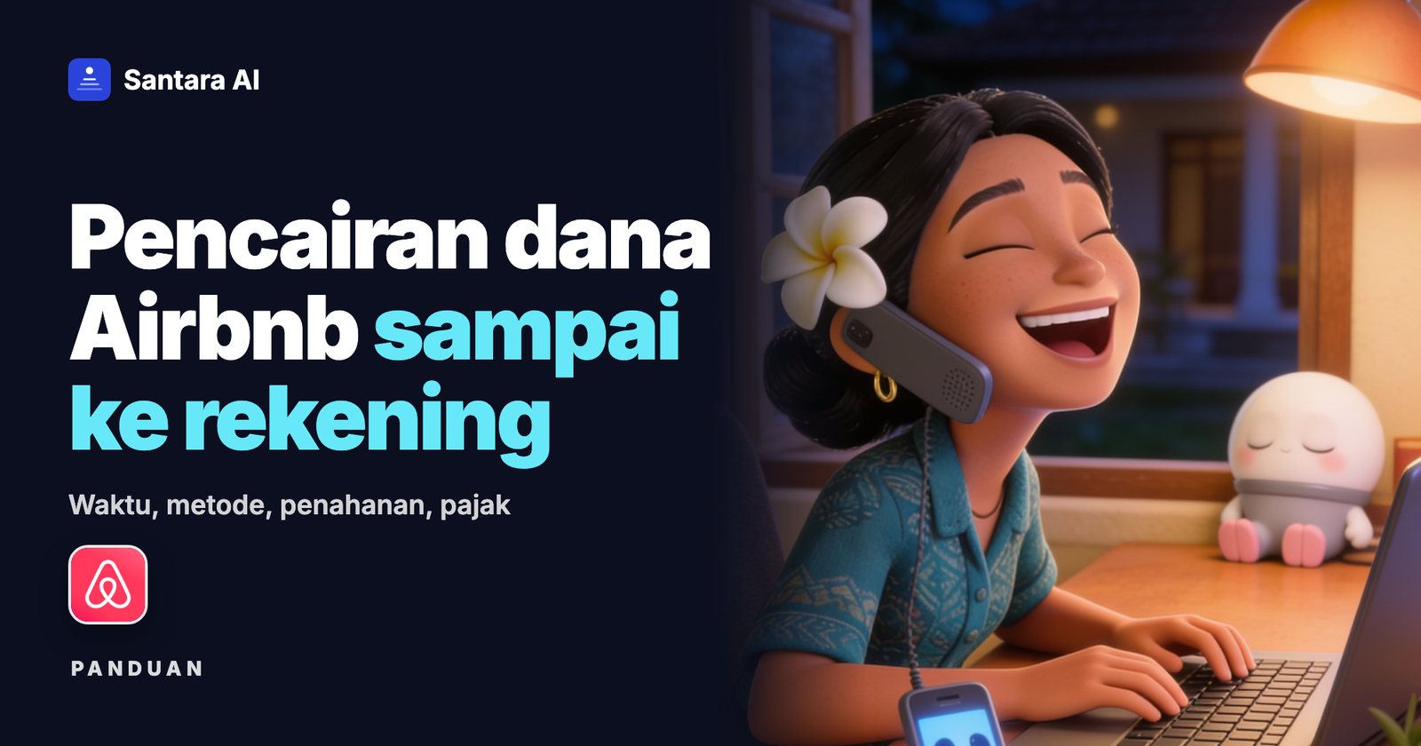 Ilustrasi host tersenyum lebar saat menelepon di meja kerja malam hari, dengan logo Airbnb