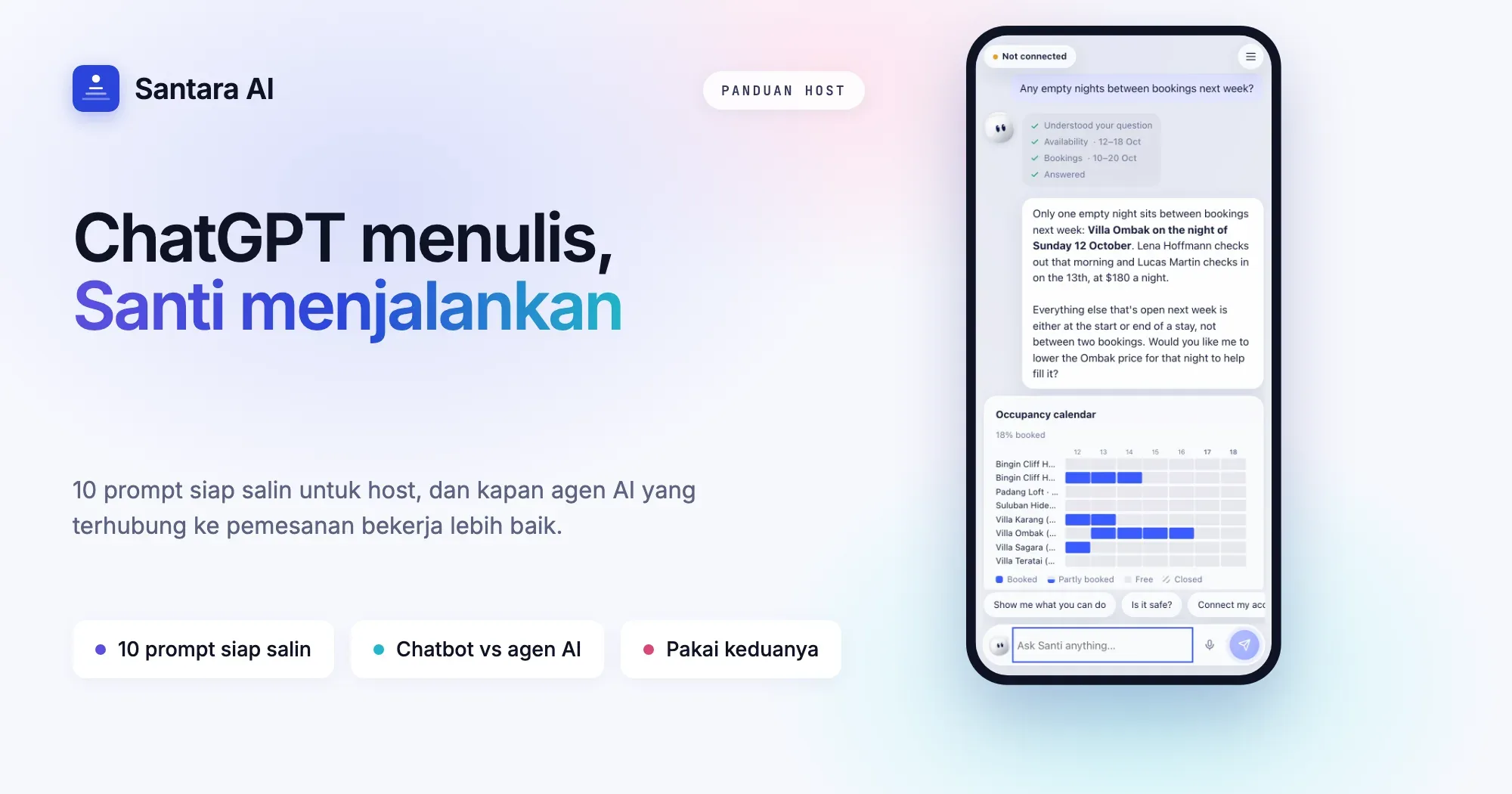 Sampul: ChatGPT untuk host Airbnb, membandingkan chatbot salin-tempel dengan Santi, agen AI yang terhubung ke pemesanan