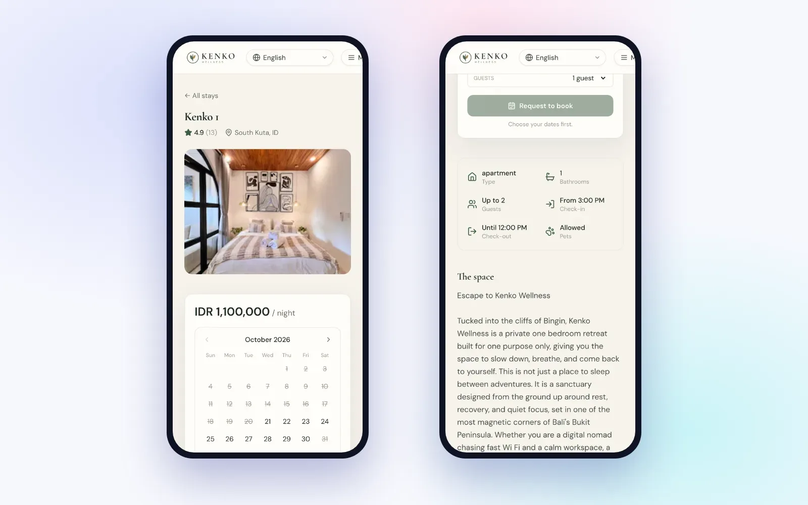 Two phones showing a villa page with a 4.9 rating, price, calendar and property rules on a Santara AI booking site