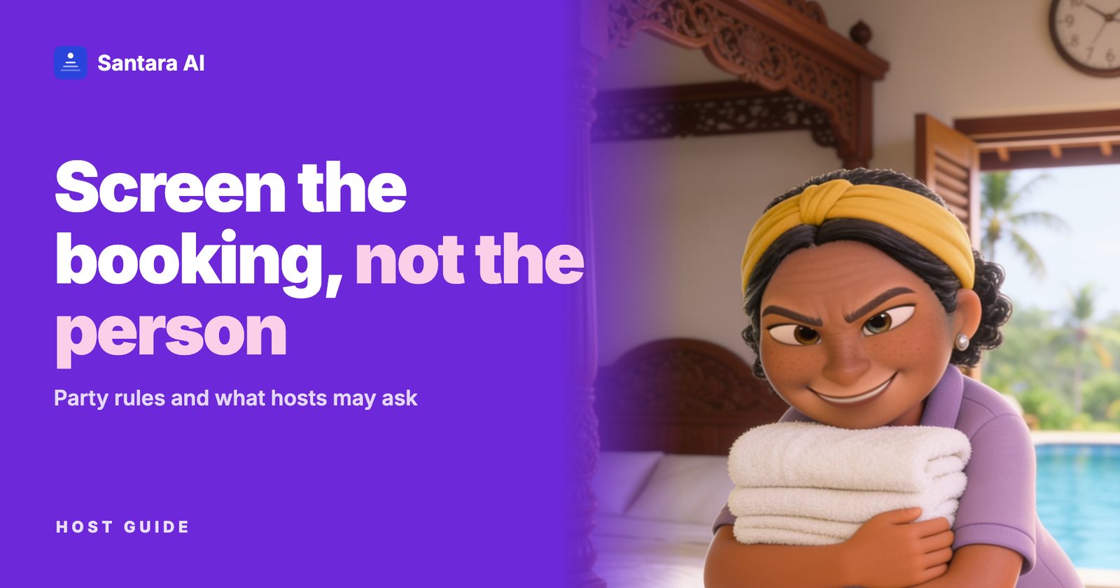 Illustrated housekeeper hugging towels and giving a suspicious side-eye