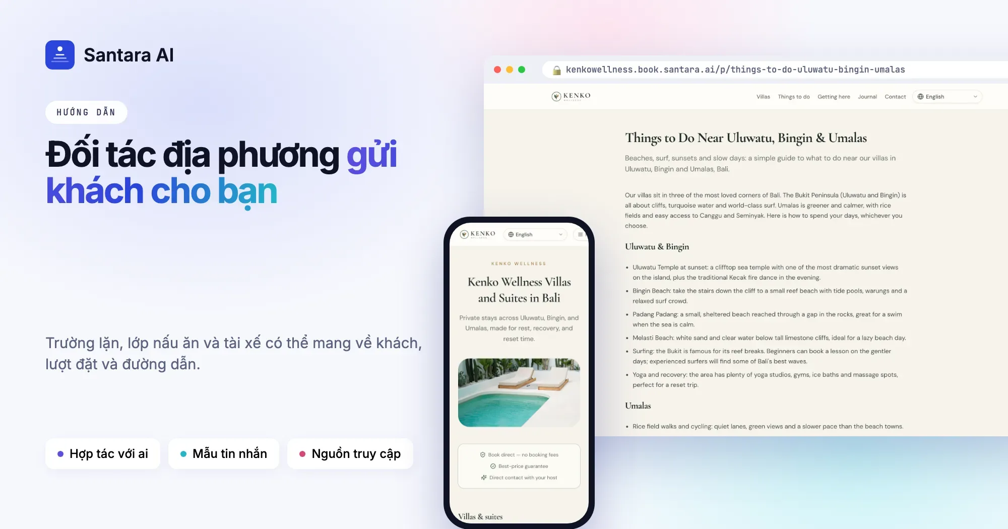Trang gợi ý điểm vui chơi trên website đặt phòng trực tiếp Kenko Wellness tạo bằng Santara AI
