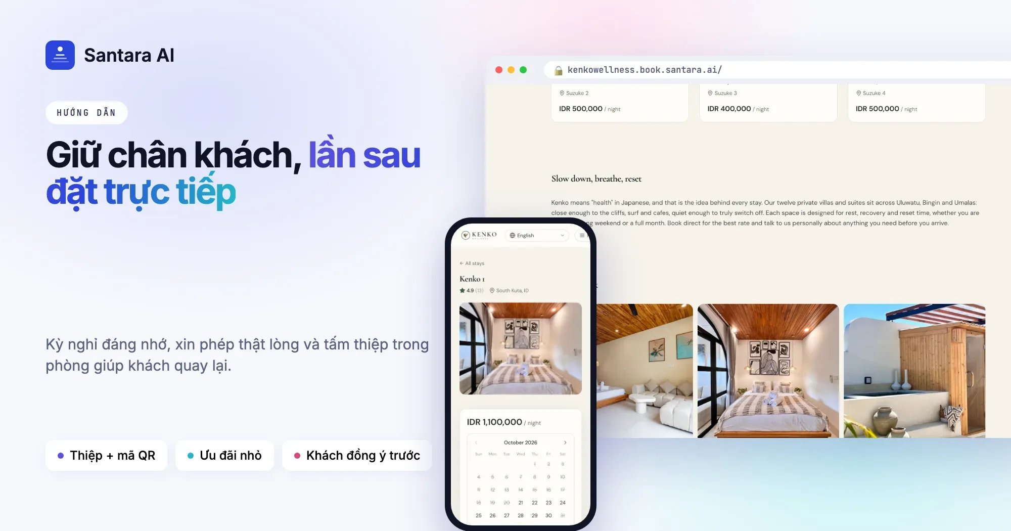Trang chủ website đặt phòng trực tiếp Kenko Wellness tại Bali, tạo bằng Santara AI