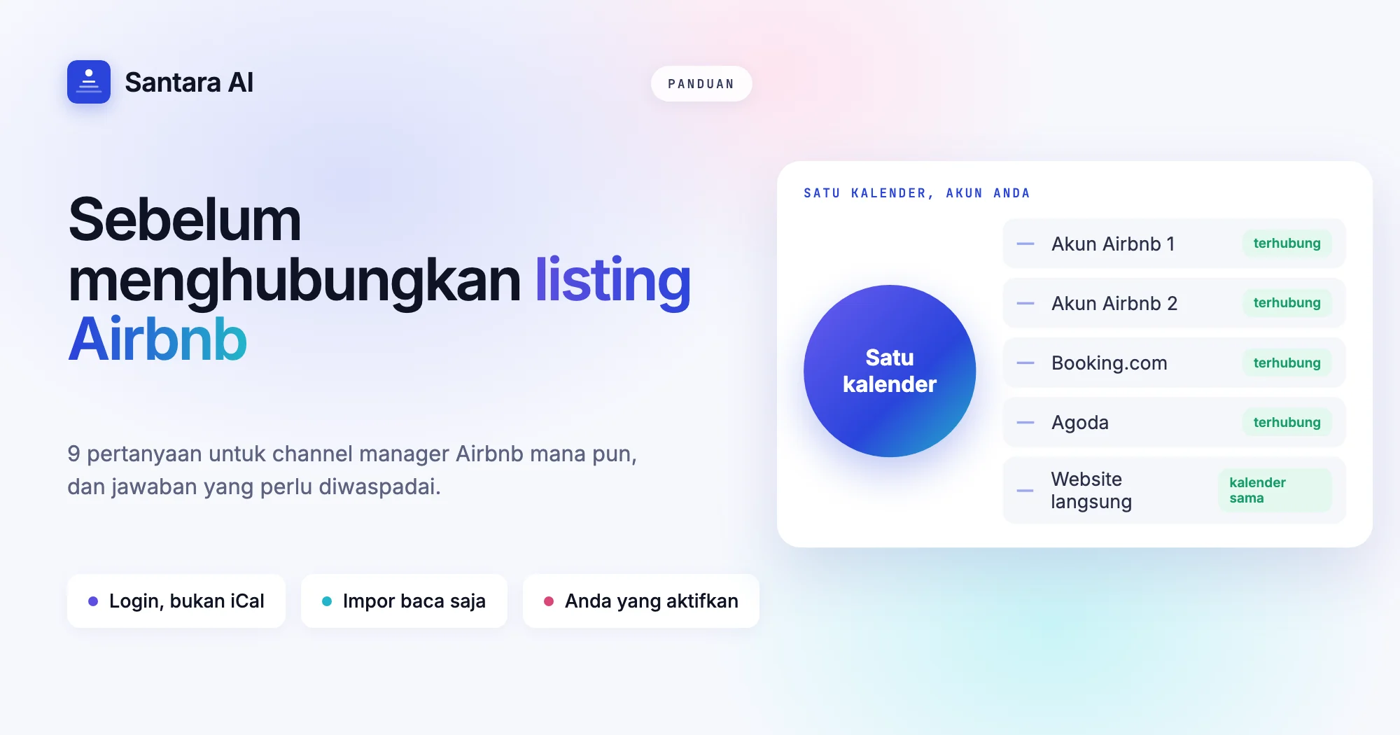 Diagram satu kalender yang terhubung ke dua akun Airbnb, Booking.com, Agoda dan website booking langsung