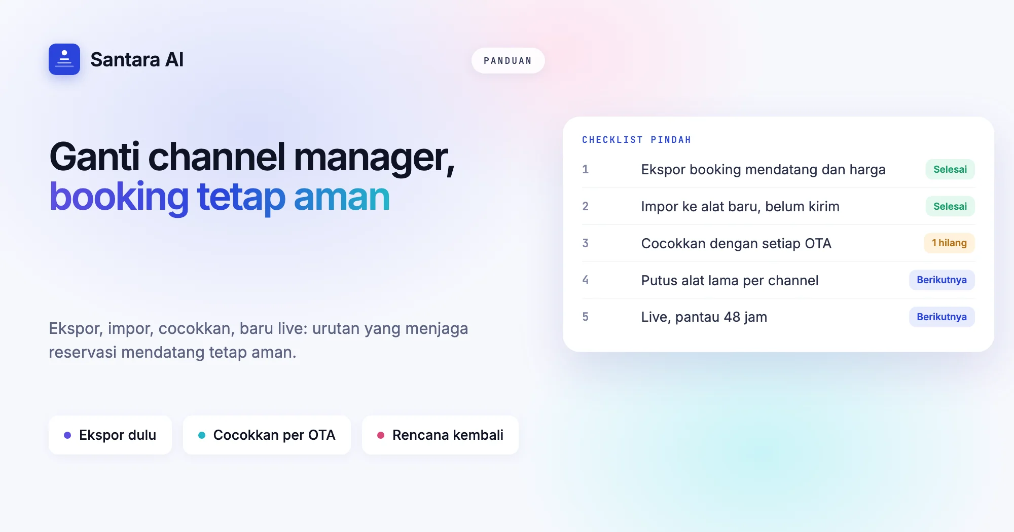 Checklist ganti channel manager: ekspor, impor, cocokkan booking per OTA, putus alat lama, lalu live