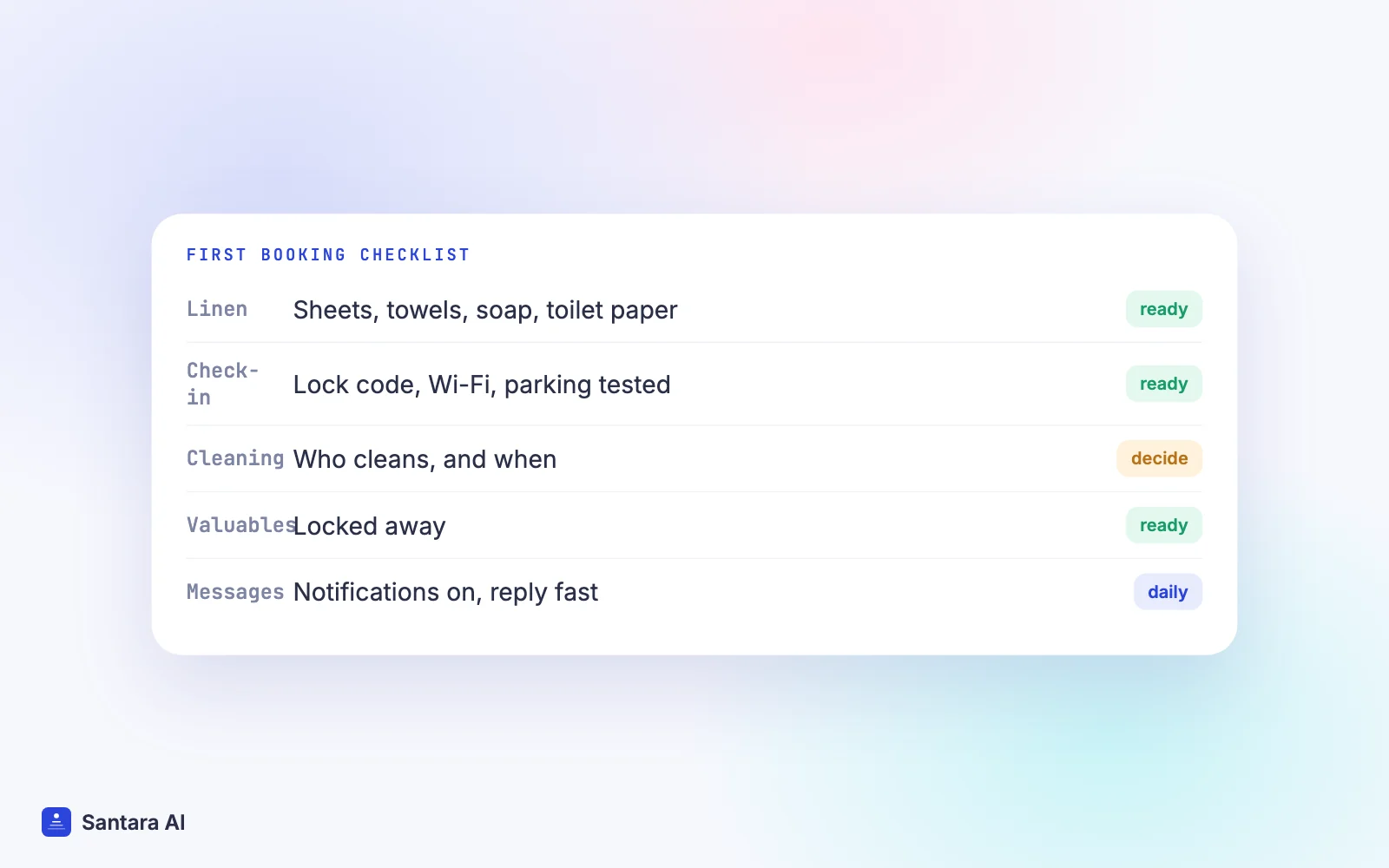 First-booking checklist for a new Airbnb host covering linen, check-in steps, cleaning, valuables and messages