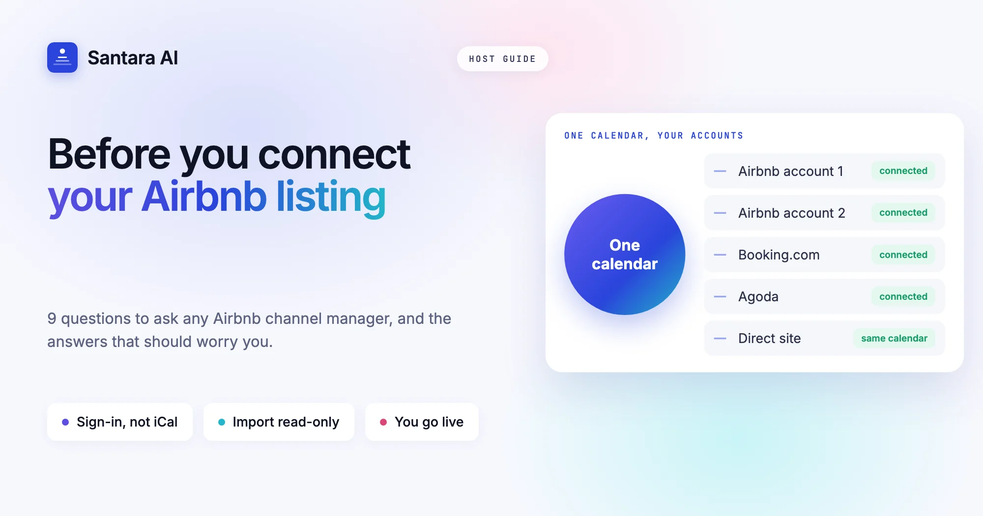 Diagram of one calendar connected to two Airbnb accounts, Booking.com and a direct booking site