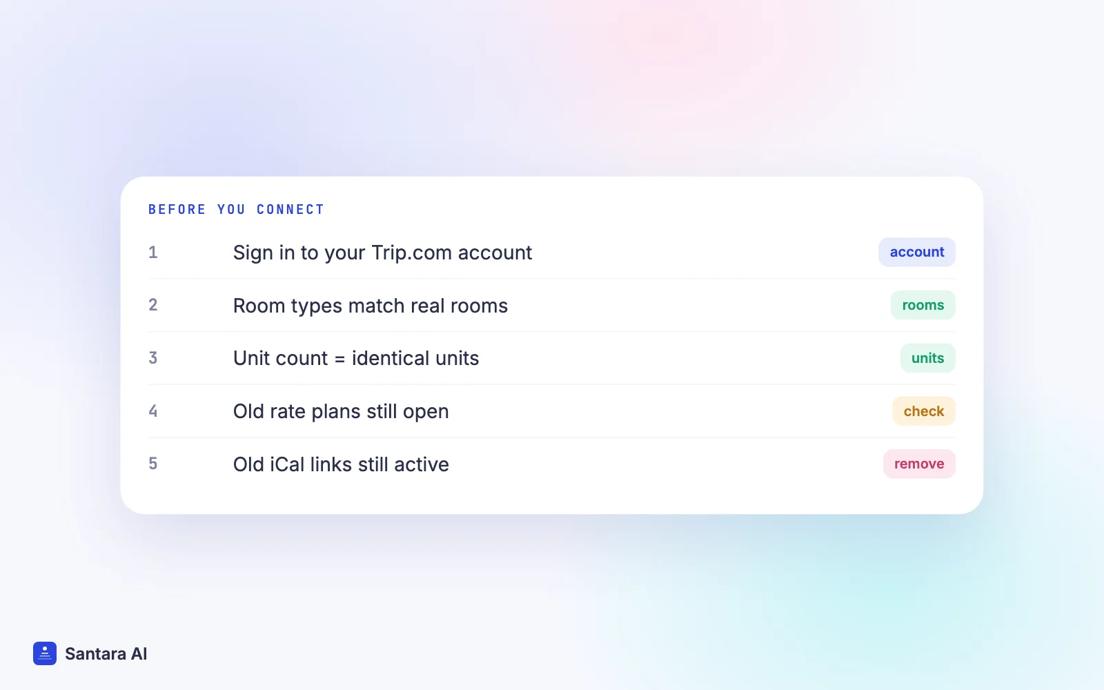 Checklist of items to verify before connecting Trip.com: account, room types, unit counts, rate plans and old iCal links