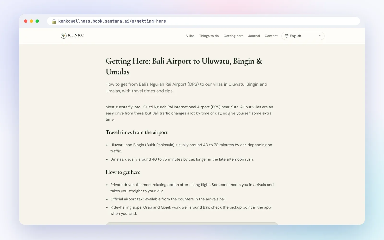 Getting here page with travel times from Bali airport on a Santara AI direct booking site