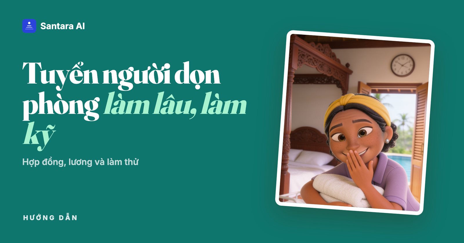 Nhân viên dọn phòng hoạt hình ôm chồng khăn sạch, mỉm cười nhìn ống kính