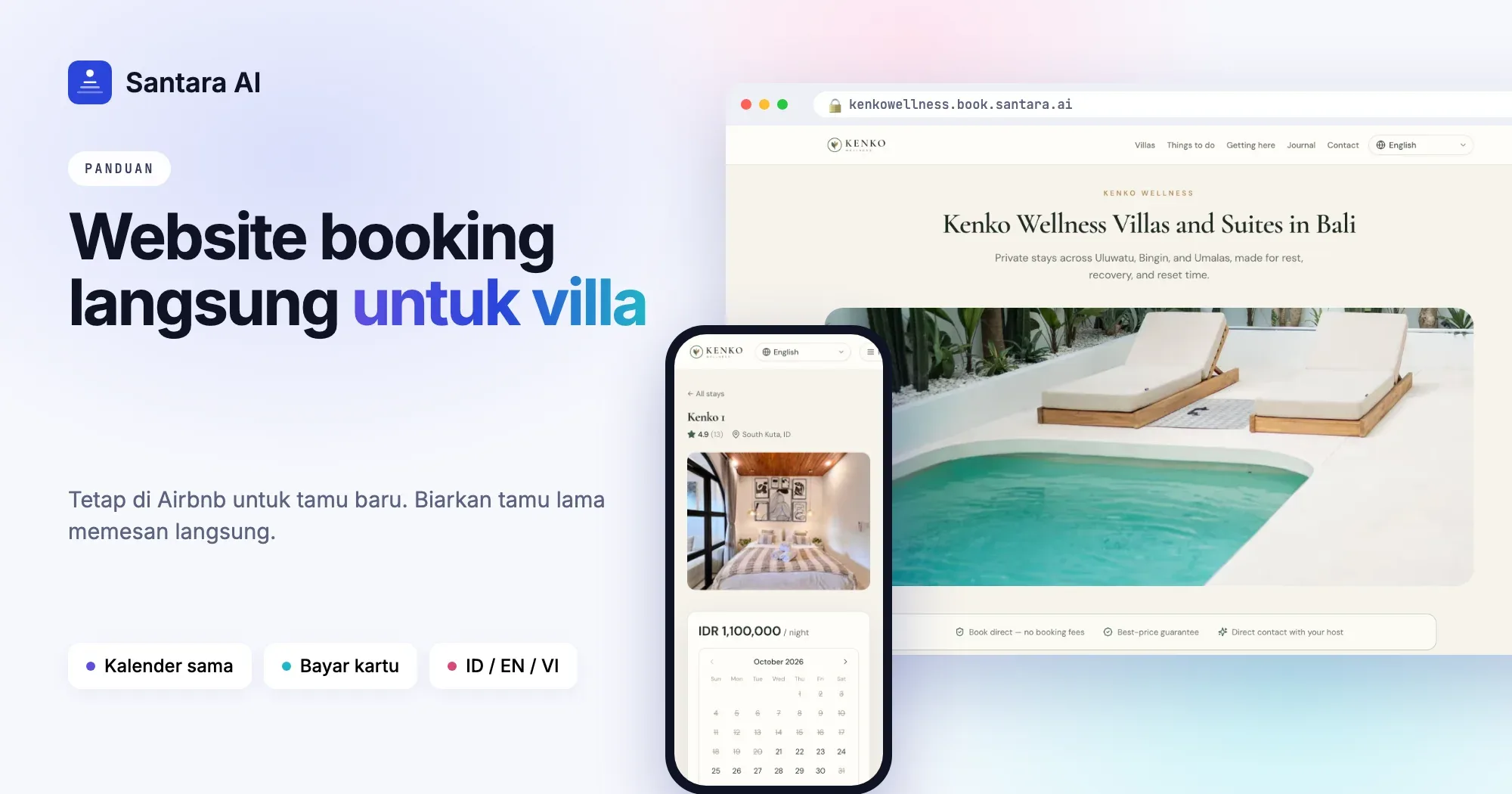 Sampul: website booking langsung untuk villa, menampilkan website booking Santara AI asli di desktop dan ponsel