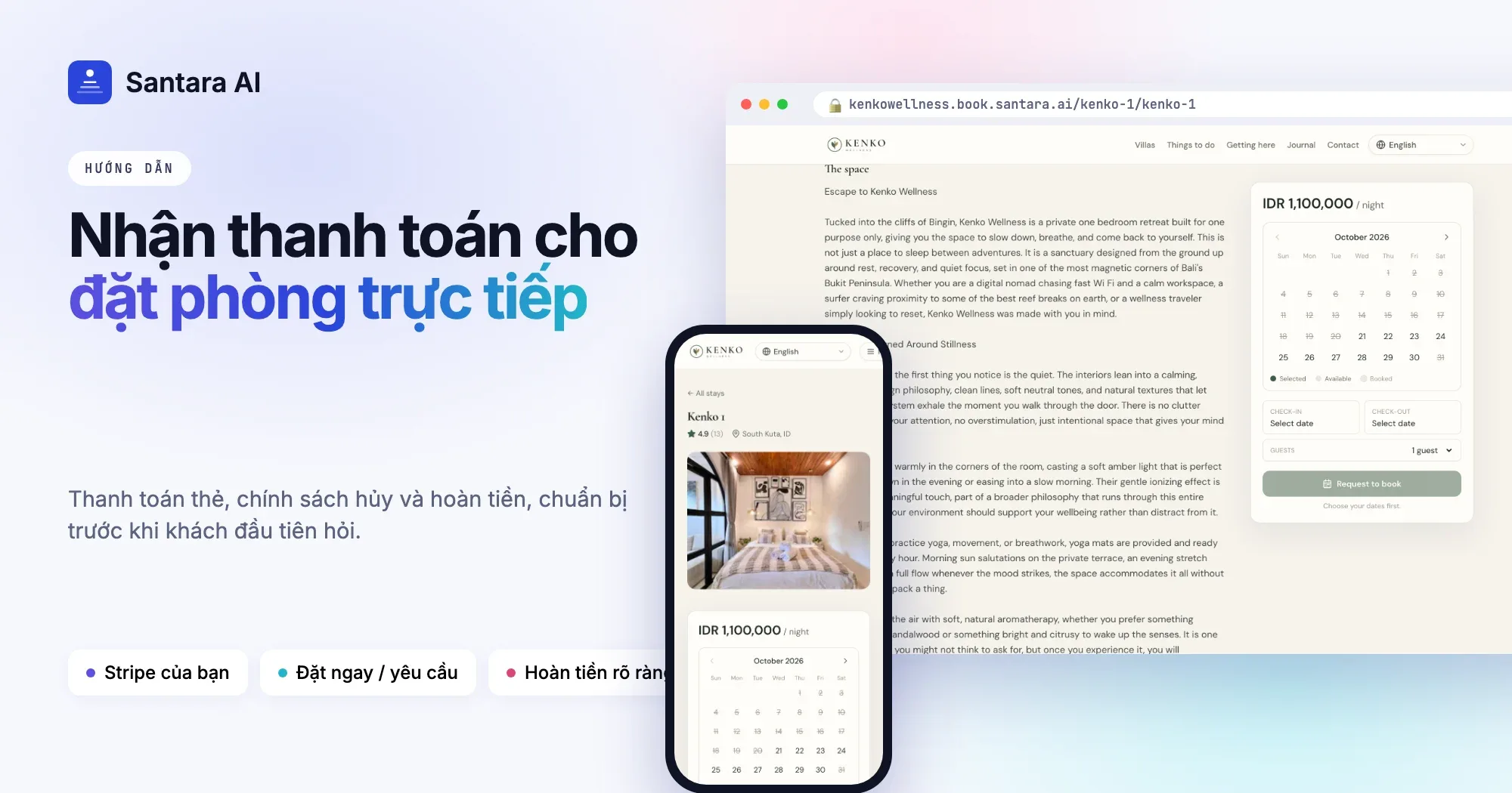 Ảnh bìa: nhận thanh toán cho đặt phòng trực tiếp, hiển thị trang villa có giá và lịch đặt phòng trên máy tính và điện thoại