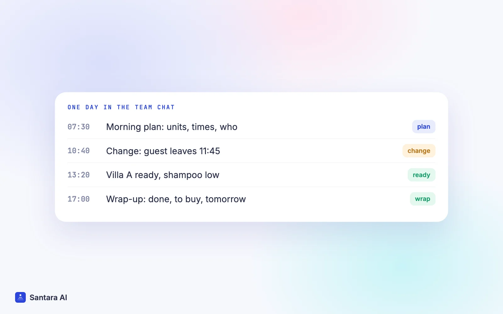A day of cleaning messages in a WhatsApp group: morning plan, change alert, ready report, end-of-day wrap-up
