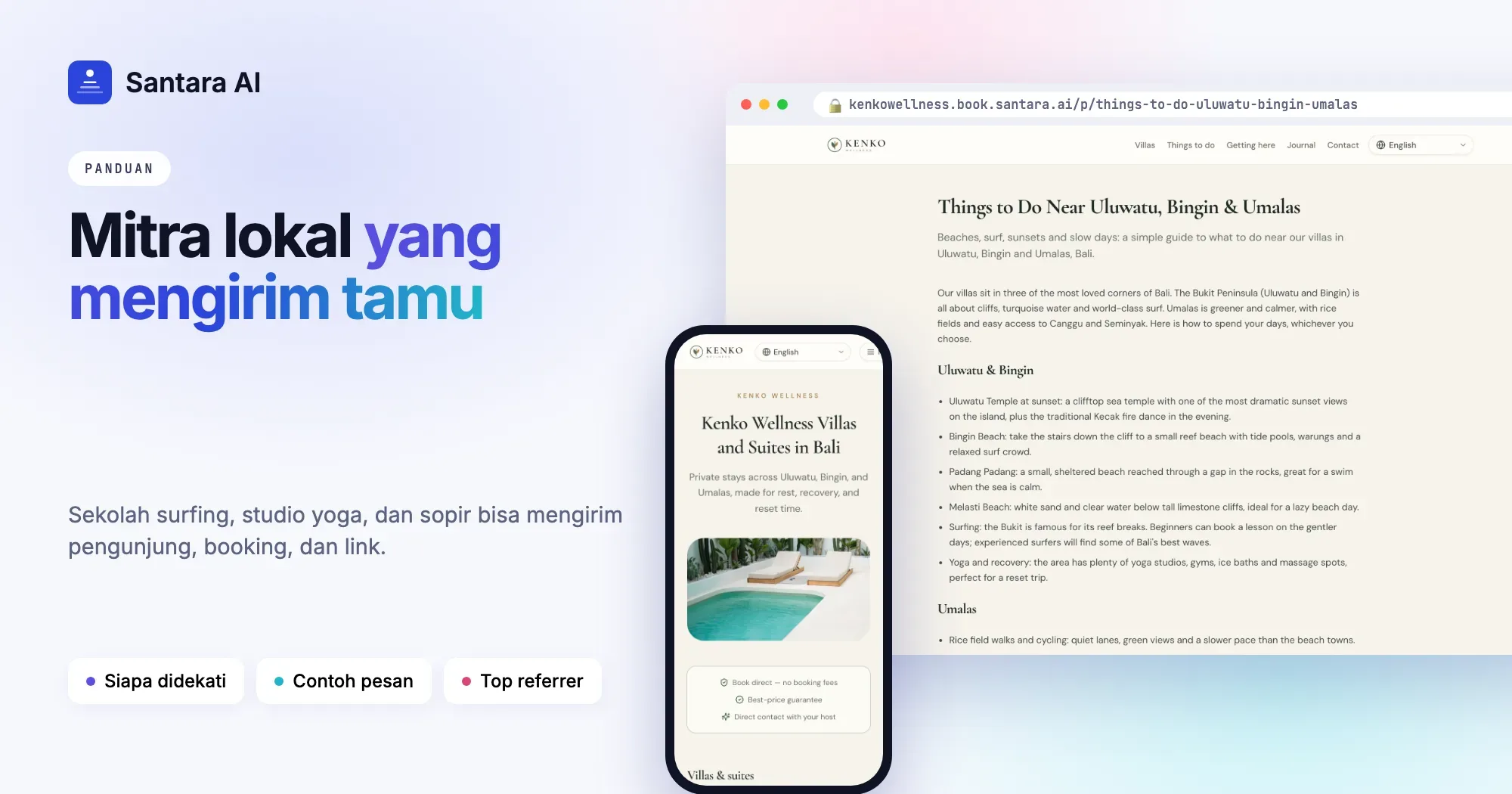 Halaman aktivitas di sekitar villa pada website booking langsung Kenko Wellness yang dibuat dengan Santara AI