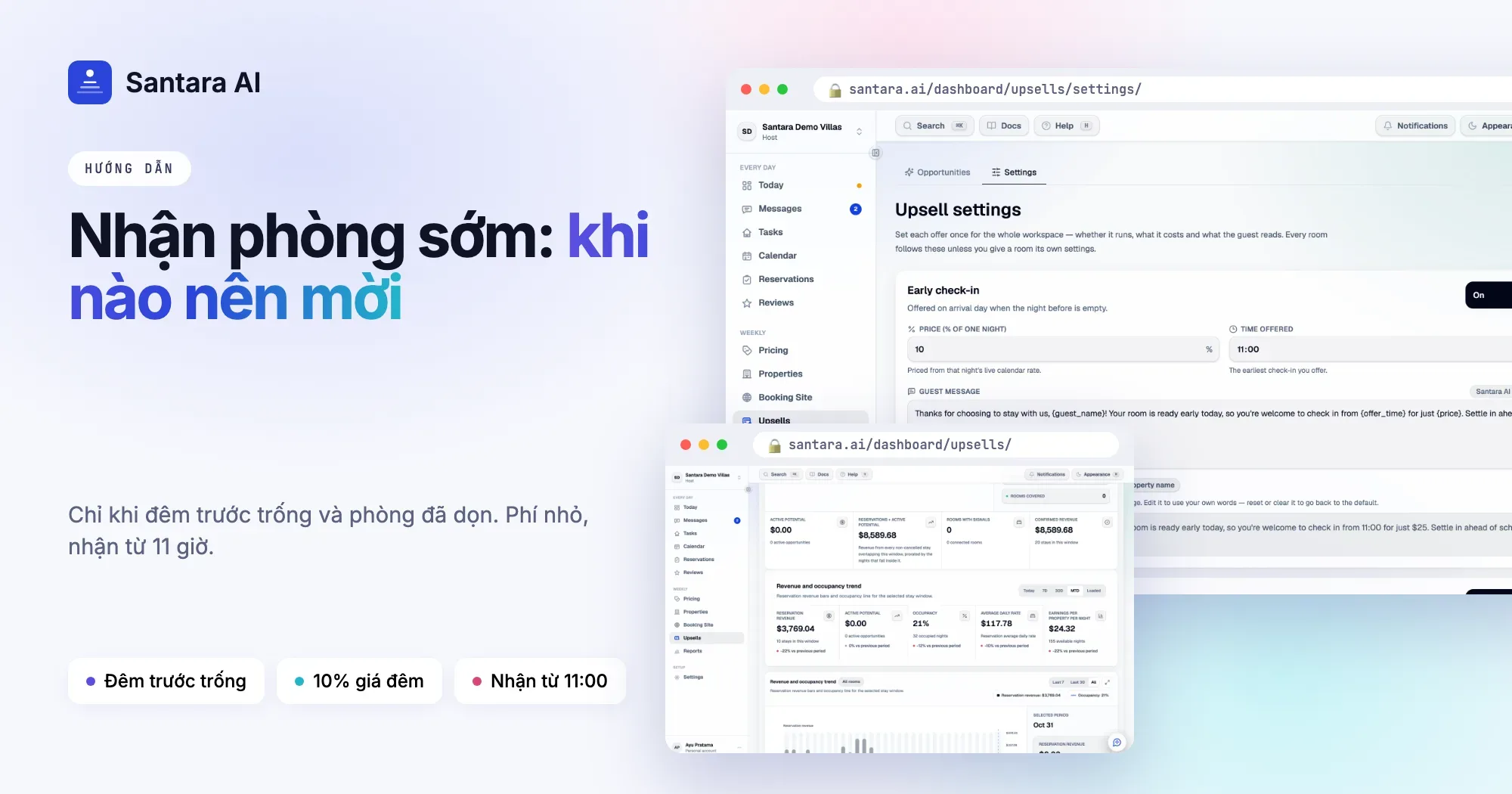 Hướng dẫn nhận phòng sớm: nhận từ 11 giờ theo phần trăm giá đêm trước, kèm lựa chọn gửi hành lý miễn phí