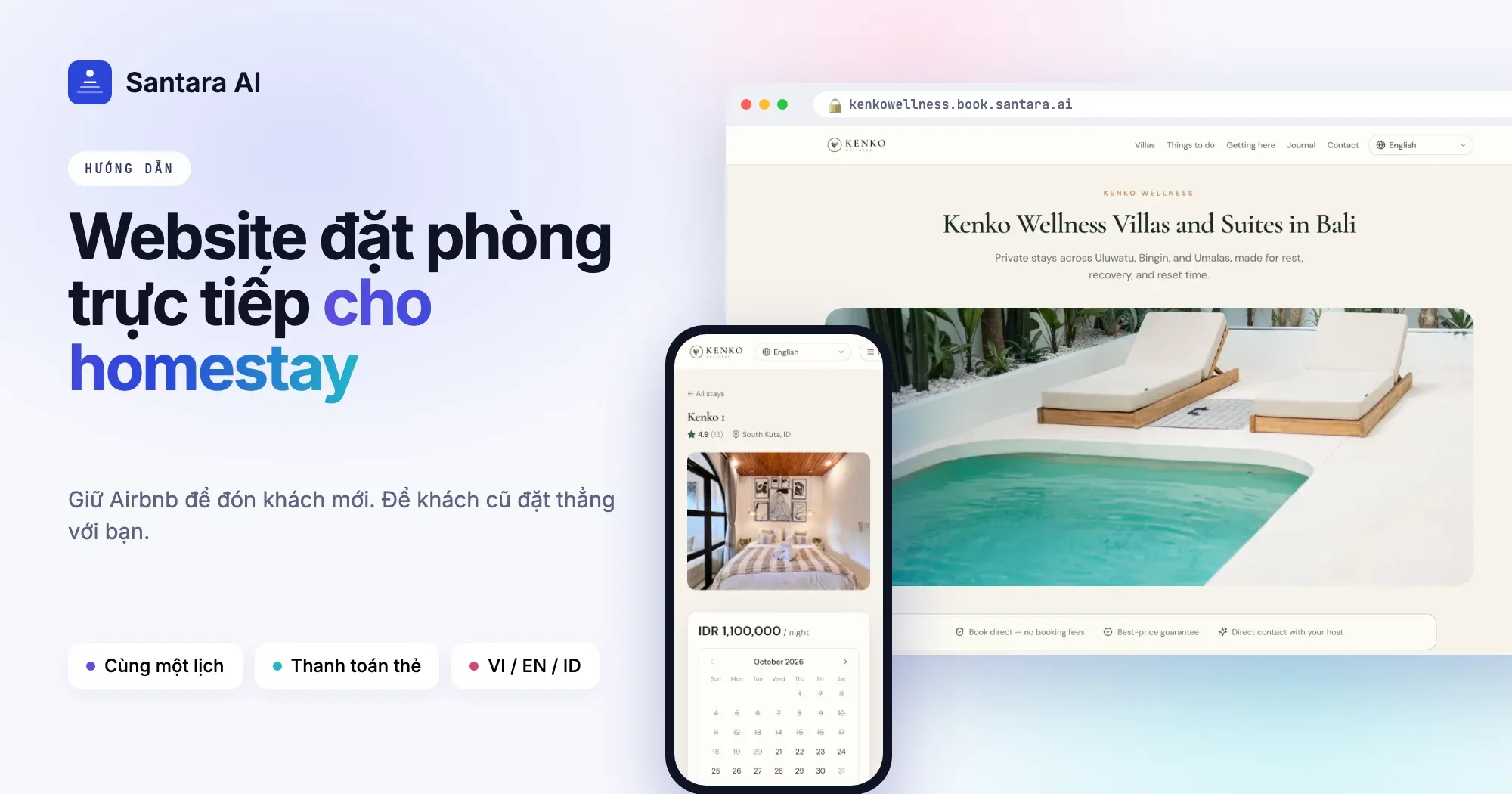 Ảnh bìa: website đặt phòng trực tiếp cho homestay, hiển thị website đặt phòng thật của Santara AI trên máy tính và điện thoại