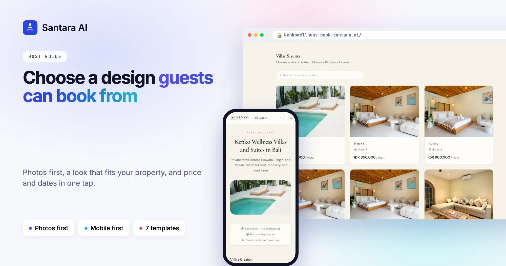 Home page of a villa direct booking website with a large hero photo and a trust bar