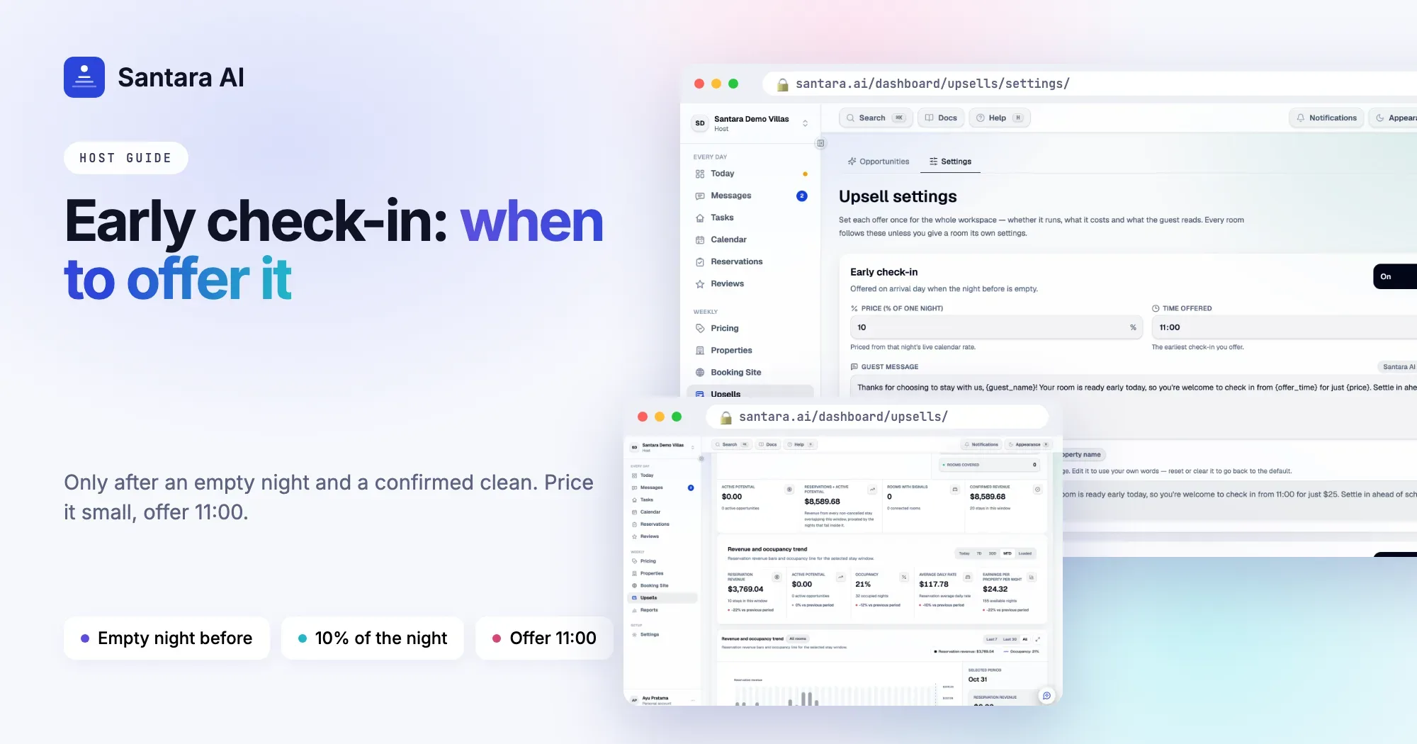 Early check-in guide: 11:00 check-in priced as a percent of the previous night, with luggage drop as a free alternative