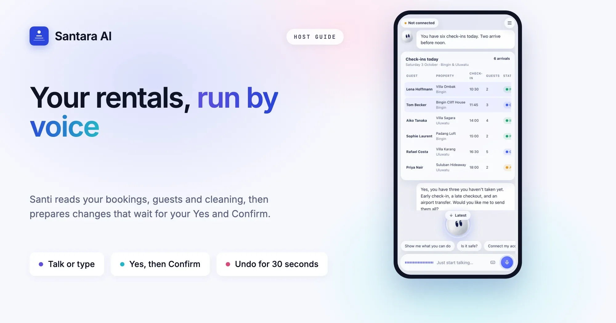 Cover: Santi, the AI assistant for Airbnb and villa hosts, with example asks and the approval each needs