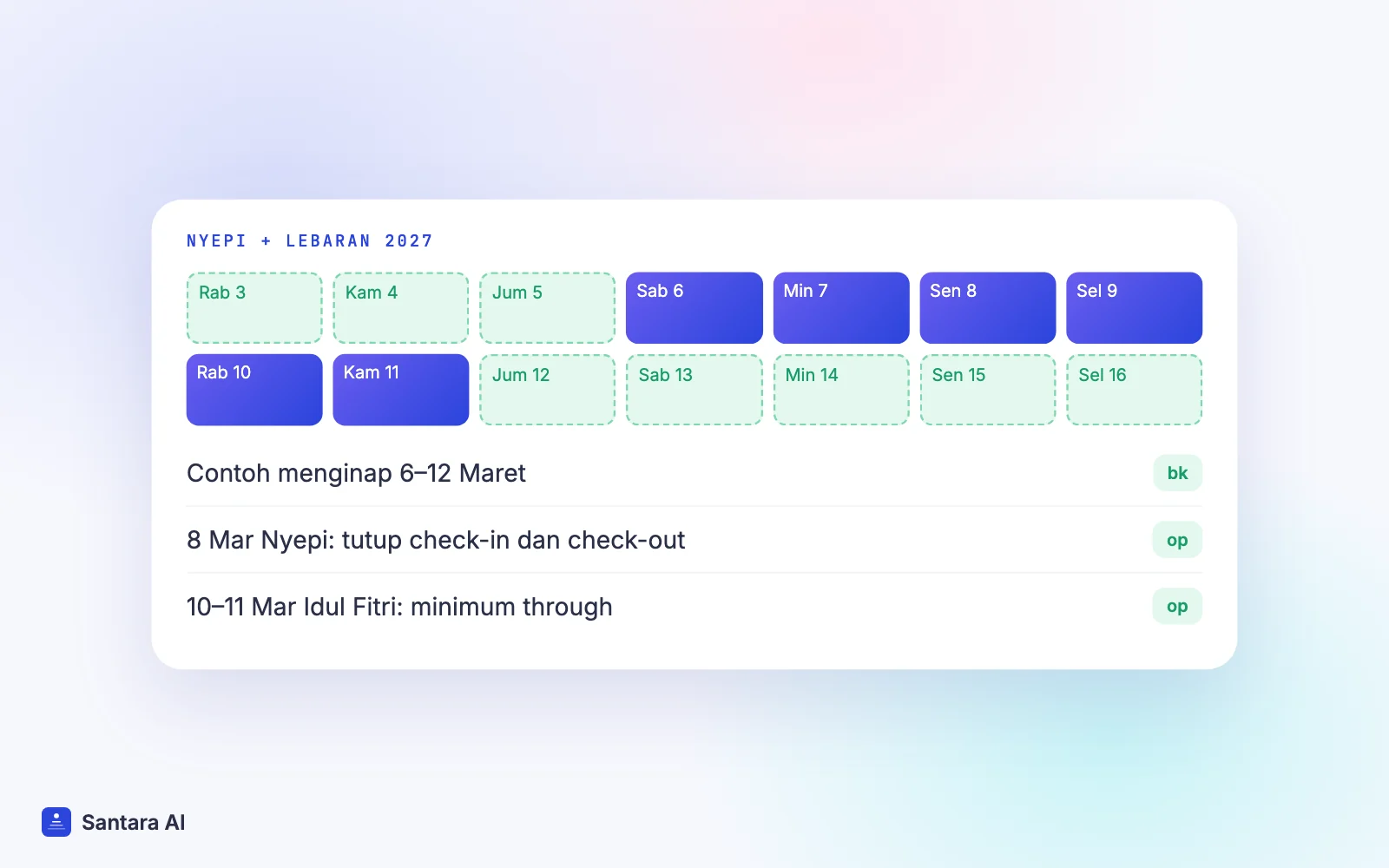 Kalender 3 sampai 16 Maret 2027 dengan Nyepi 8 Maret, Lebaran 10 dan 11 Maret, dan contoh pemesanan