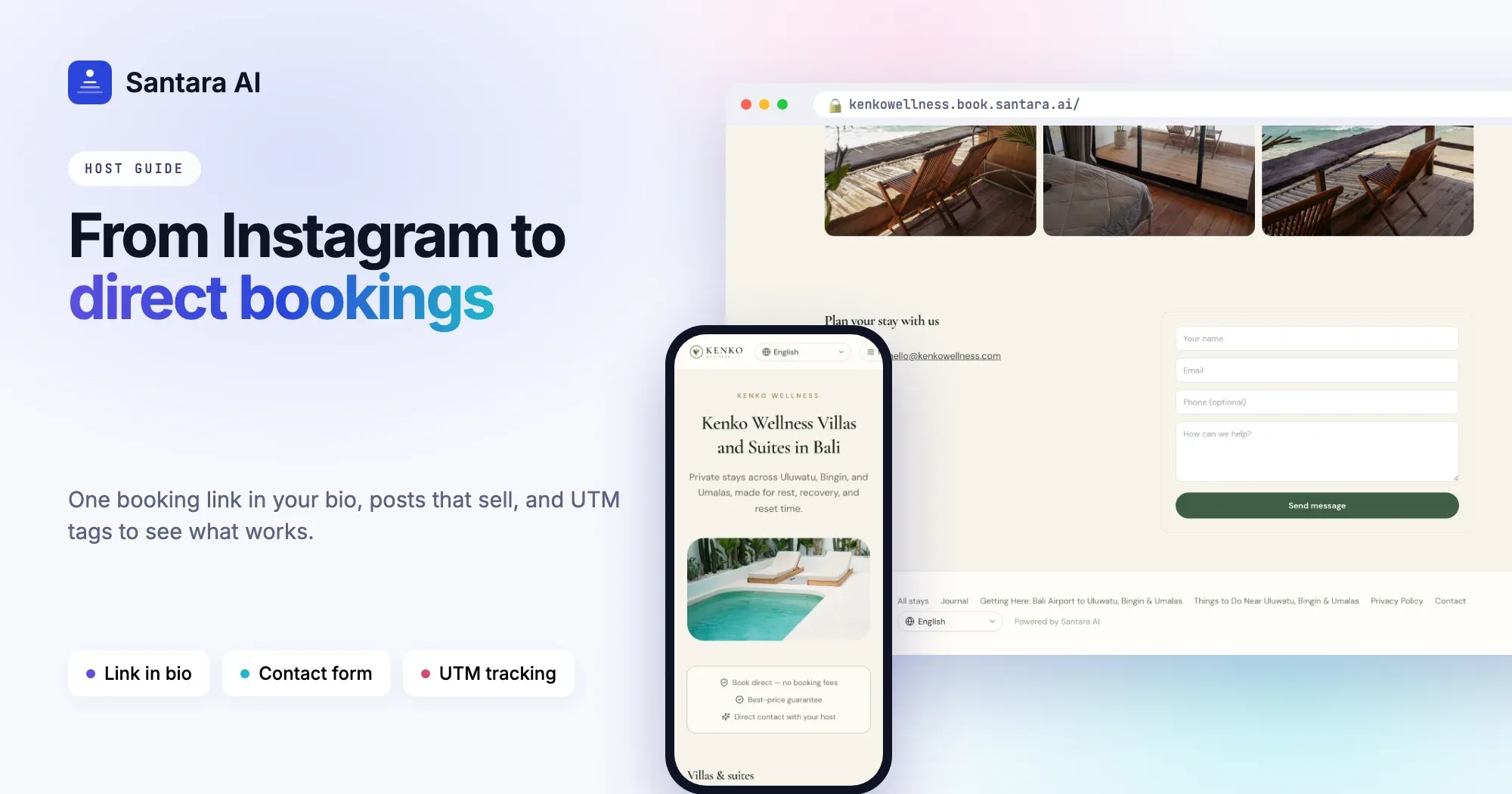 Cover: from Instagram to direct bookings, showing a direct booking site contact form and mobile home page