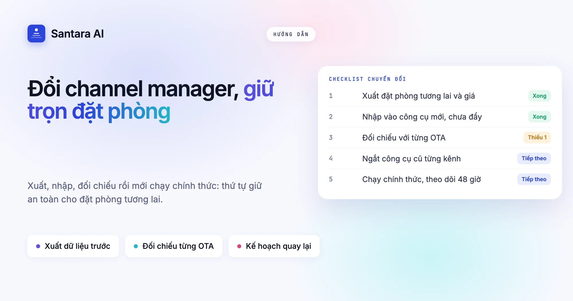 Checklist đổi channel manager: xuất dữ liệu, nhập, đối chiếu đặt phòng với từng OTA, ngắt công cụ cũ, chạy chính thức