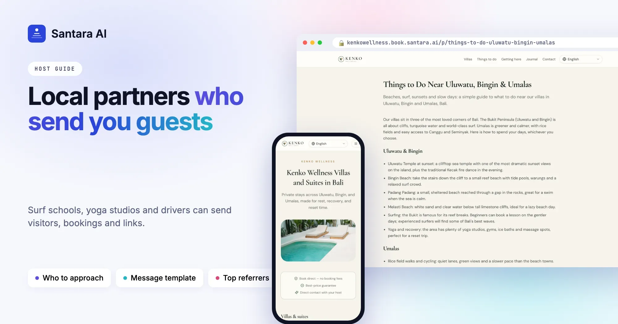 Things to do page with local recommendations on the Kenko Wellness direct booking site built with Santara AI
