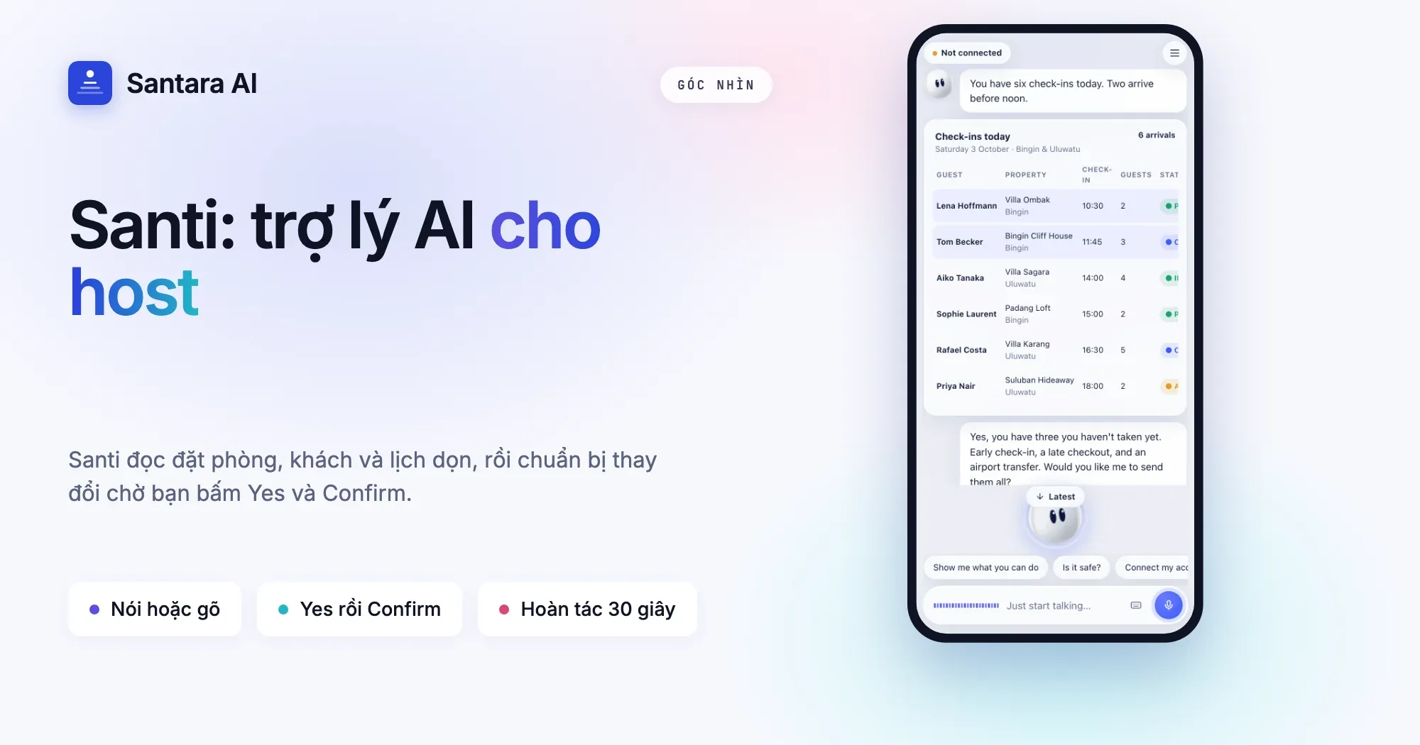 Ảnh bìa: Santi, trợ lý AI cho host Airbnb và homestay, với các yêu cầu mẫu và mức duyệt cần thiết
